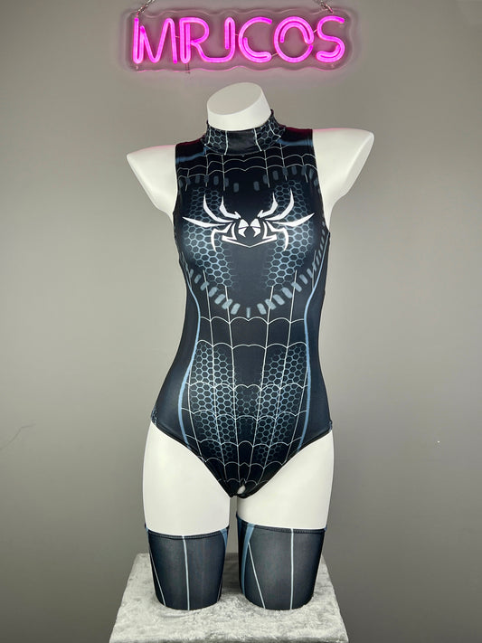 Black Spider Woman Super Hero Crotchless Cosplay Bodysuit Lingerie Sexy Costume