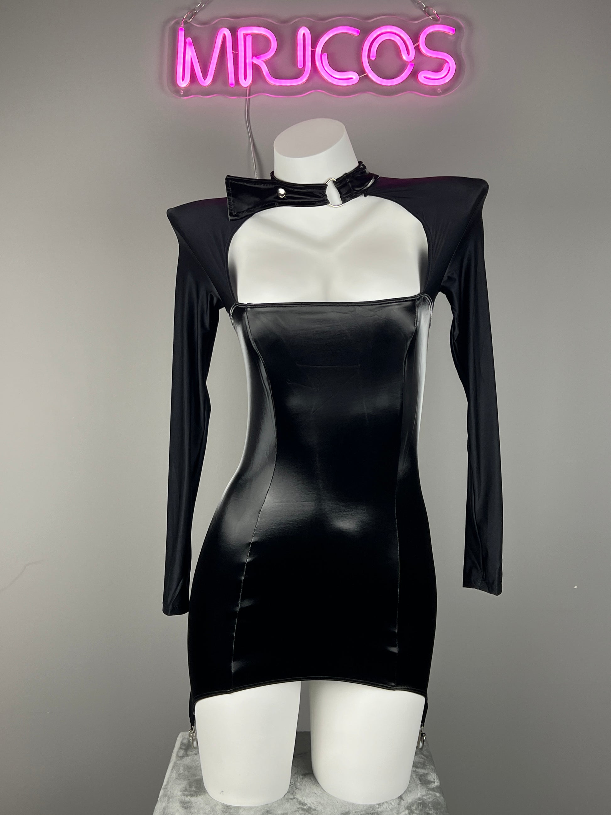 Gothic Long Sleeves Spandex Leather Garter Belt Tight Party Dress Lingerie
