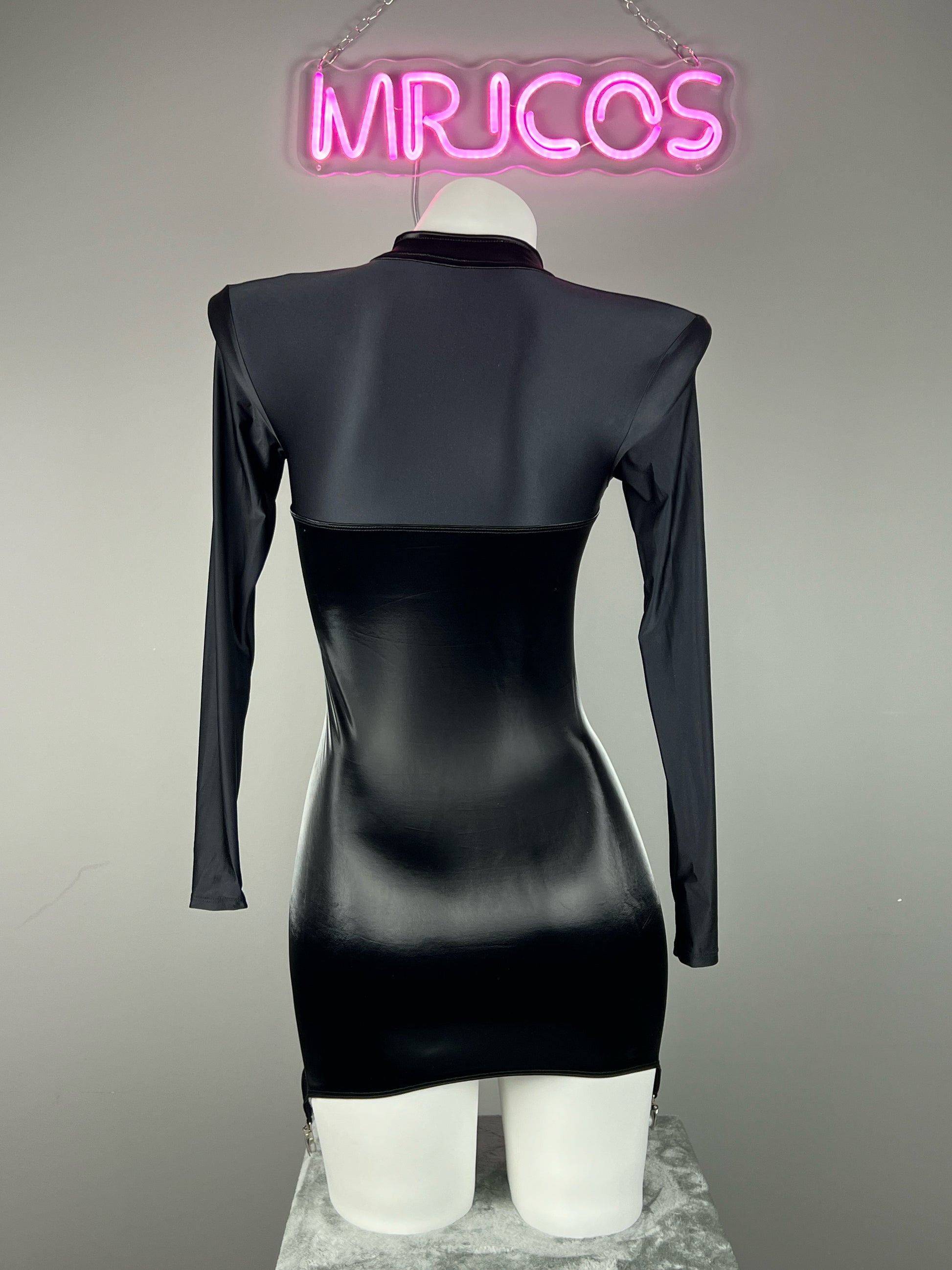 Gothic Long Sleeves Spandex Leather Garter Belt Tight Party Dress Lingerie