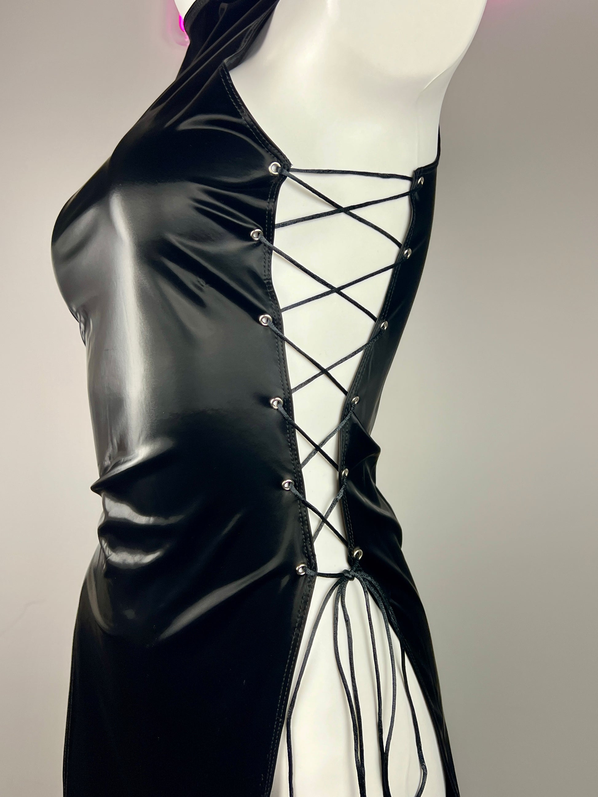 Vintage PU Leather Satin Cheongsam Lingerie Sexy Party Dress Costume