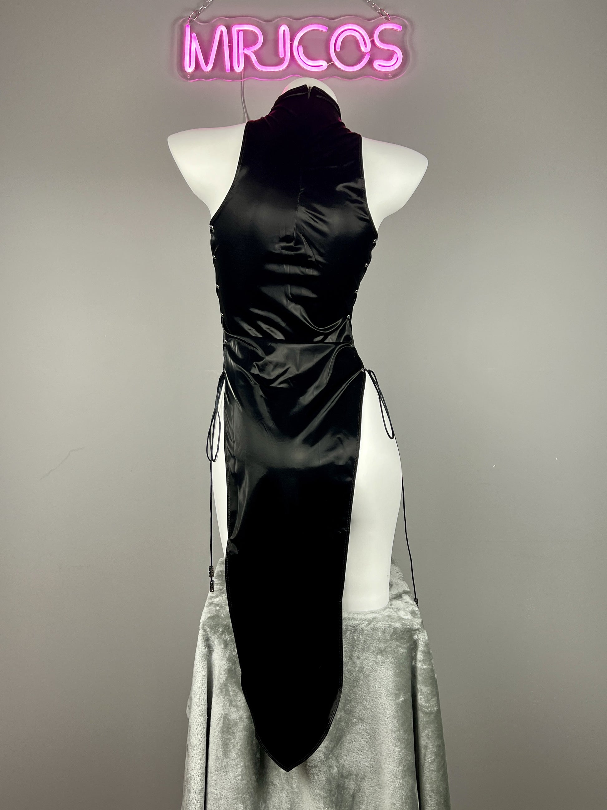 Vintage PU Leather Satin Cheongsam Lingerie Sexy Party Dress Costume