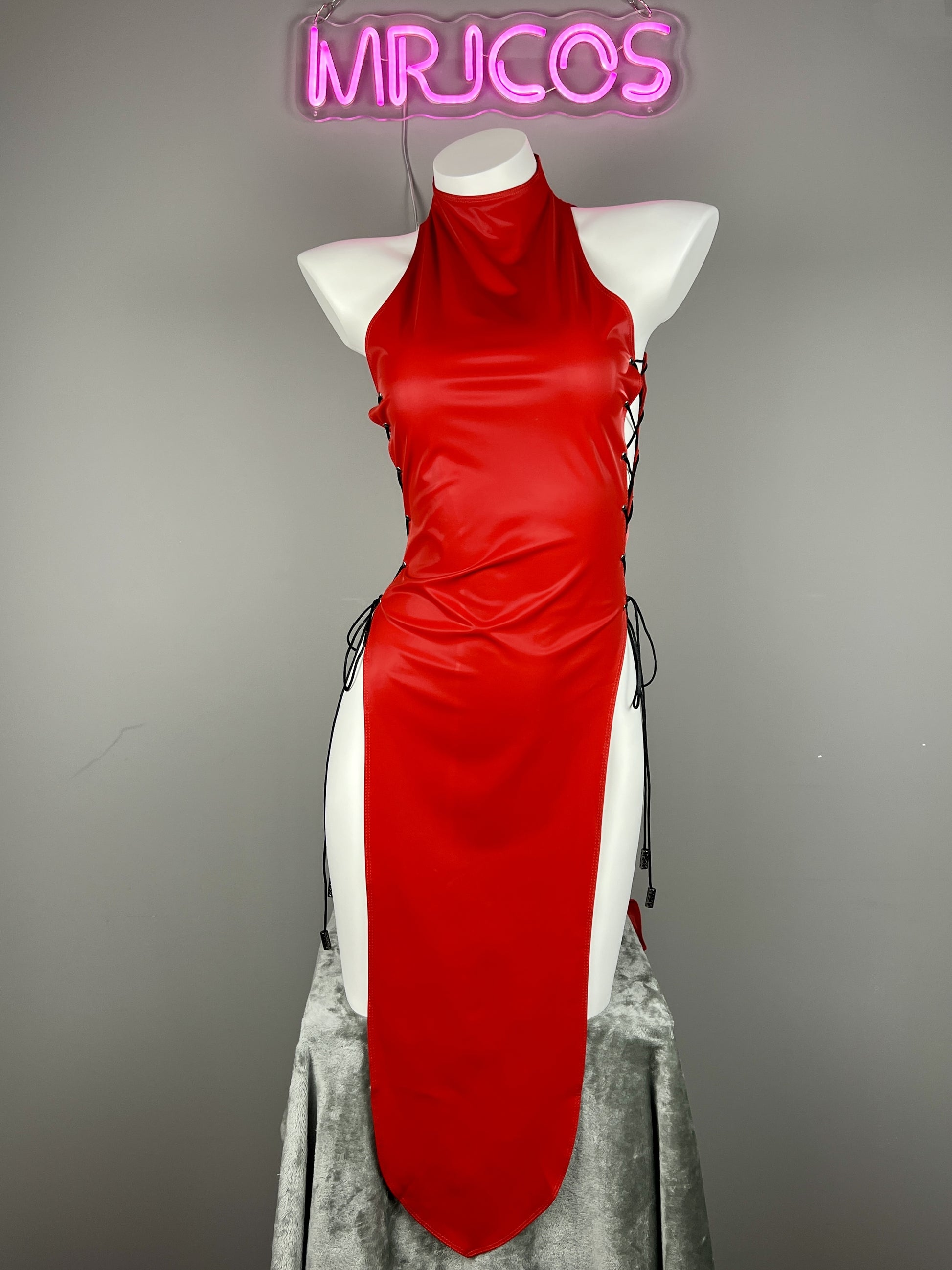 Vintage PU Leather Satin Cheongsam Lingerie Sexy Party Dress Costume