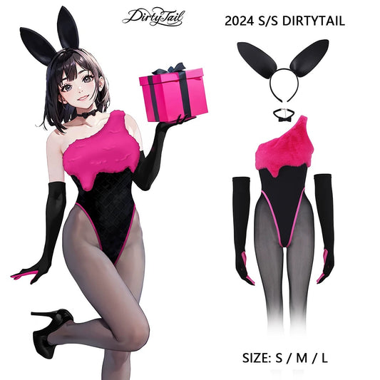 Anime Style Bunny Girl Knitted Black Pink Bodysuit Lingerie Set
