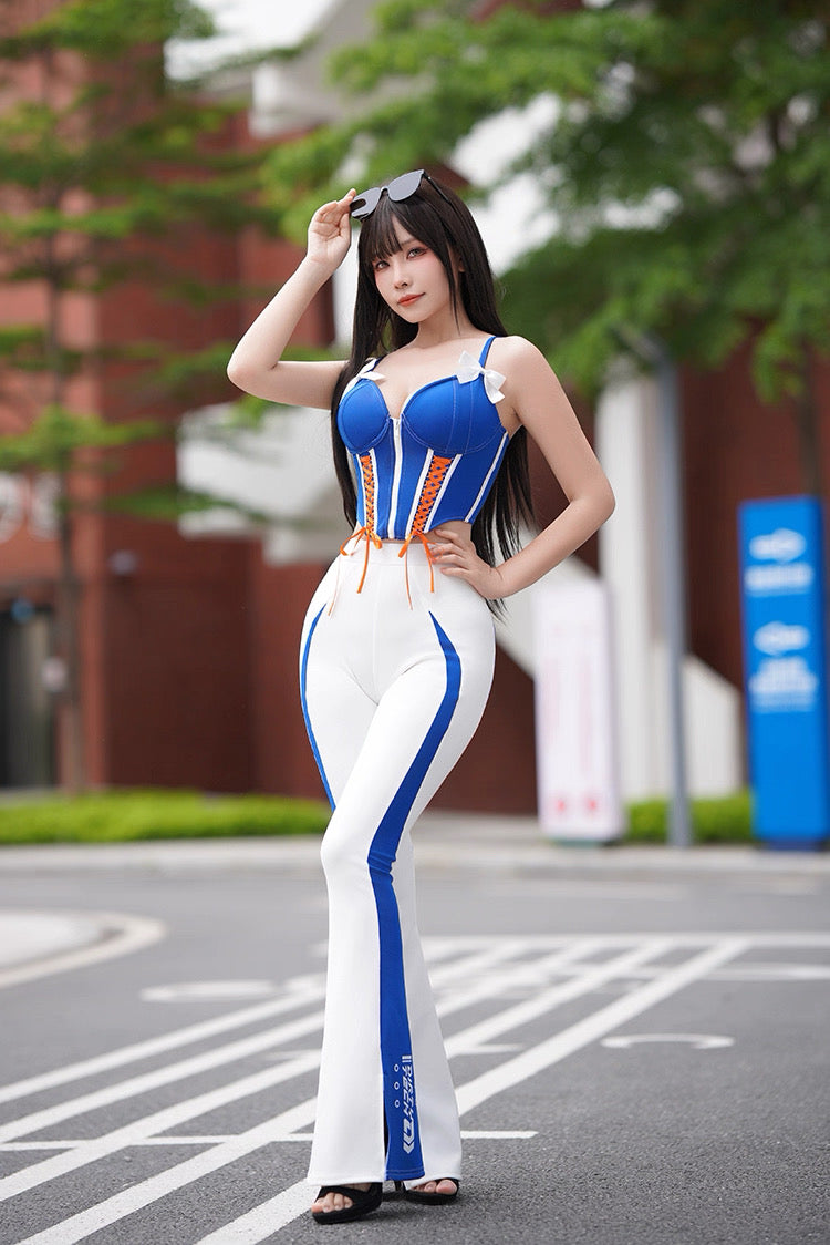Racer Girl Cobalt Blue Corset & Bell Bottom Set Race Queen Costume Activewear