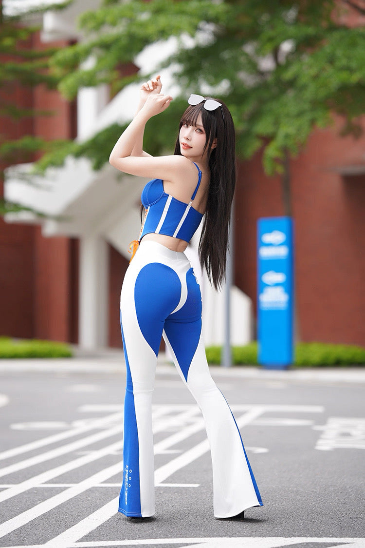 Racer Girl Cobalt Blue Corset & Bell Bottom Set Race Queen Costume Activewear