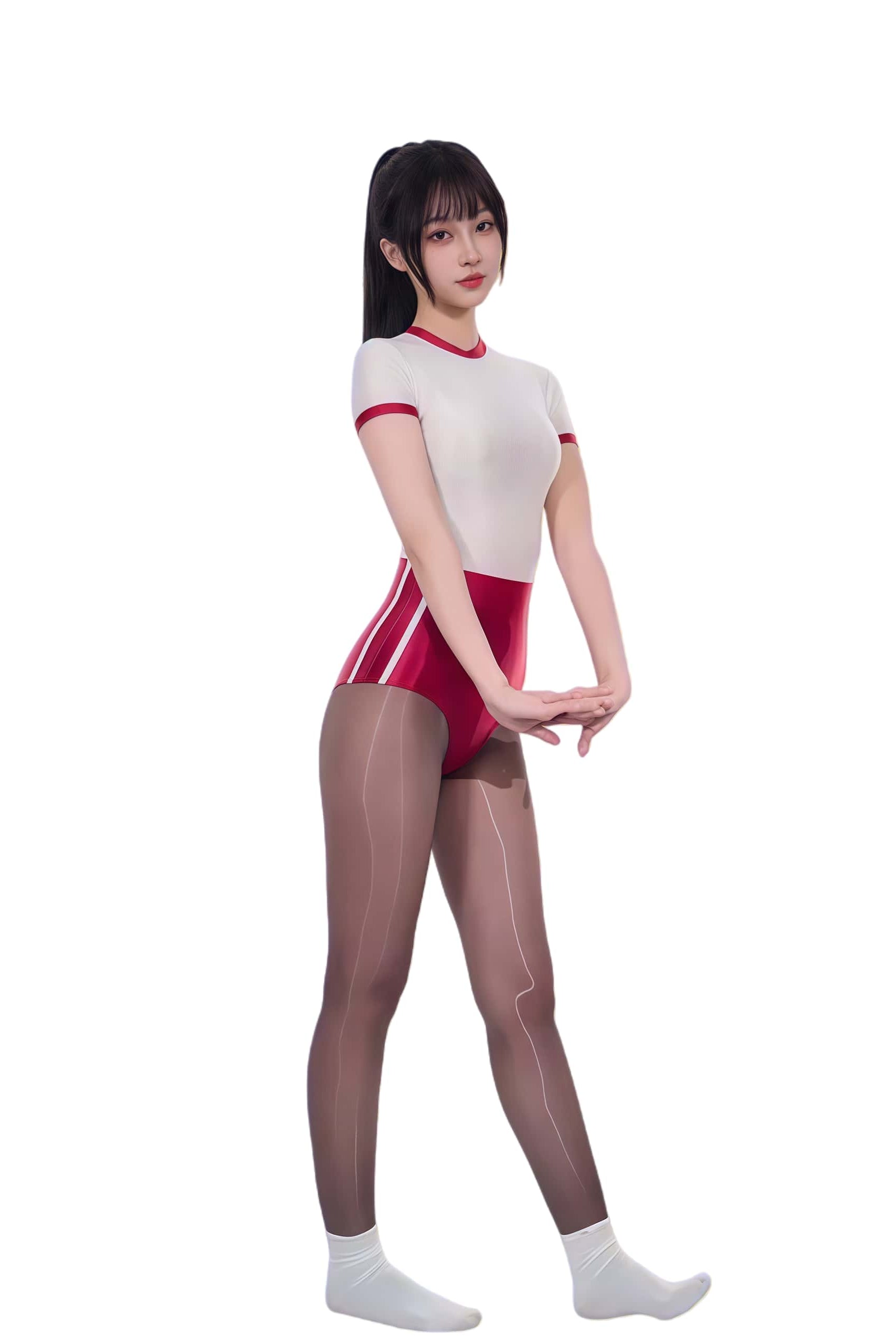 Person wearing a red and white swimsuit with sheer stockings on a white background