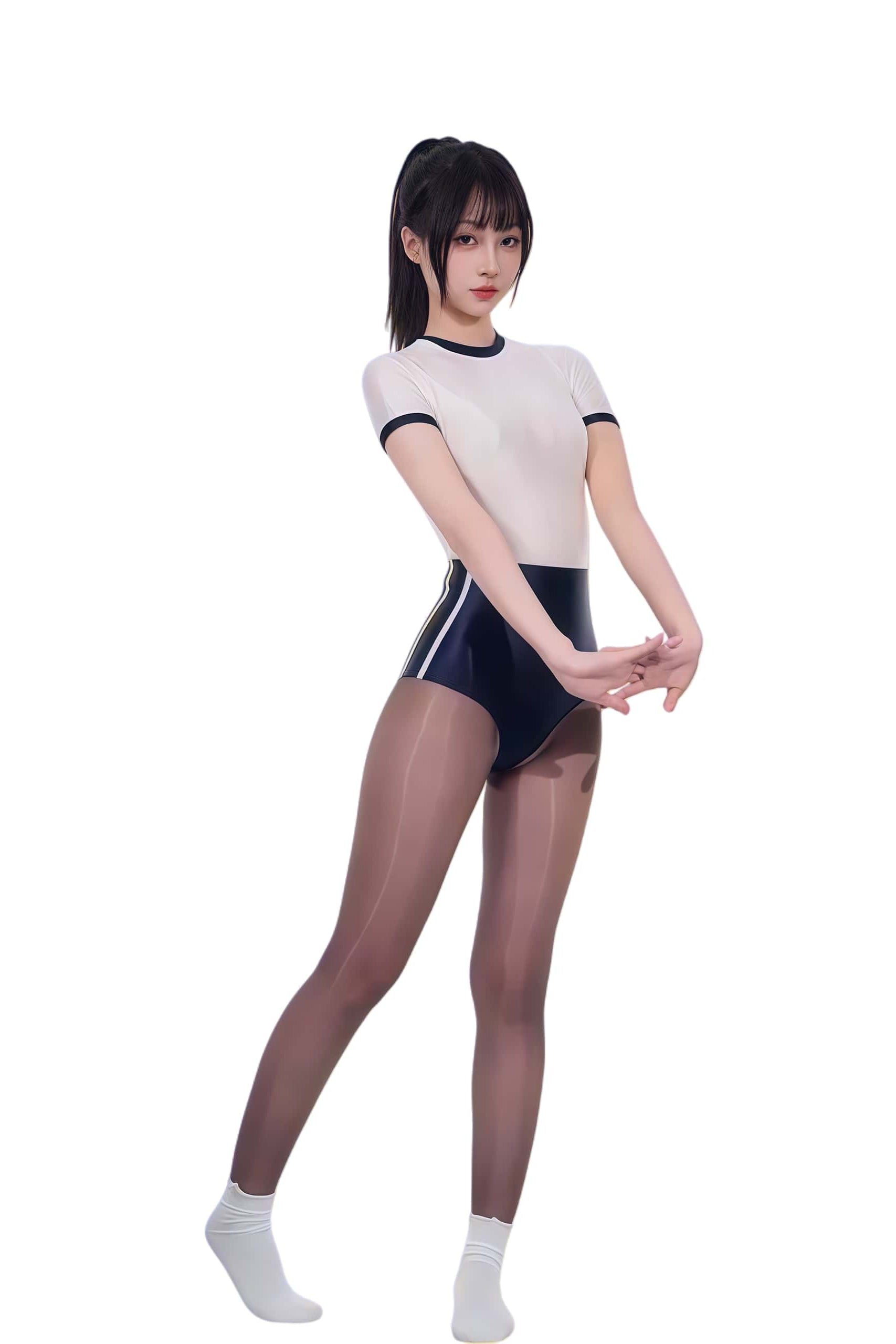 Person wearing a white and black outfit with sheer stockings on a white background
