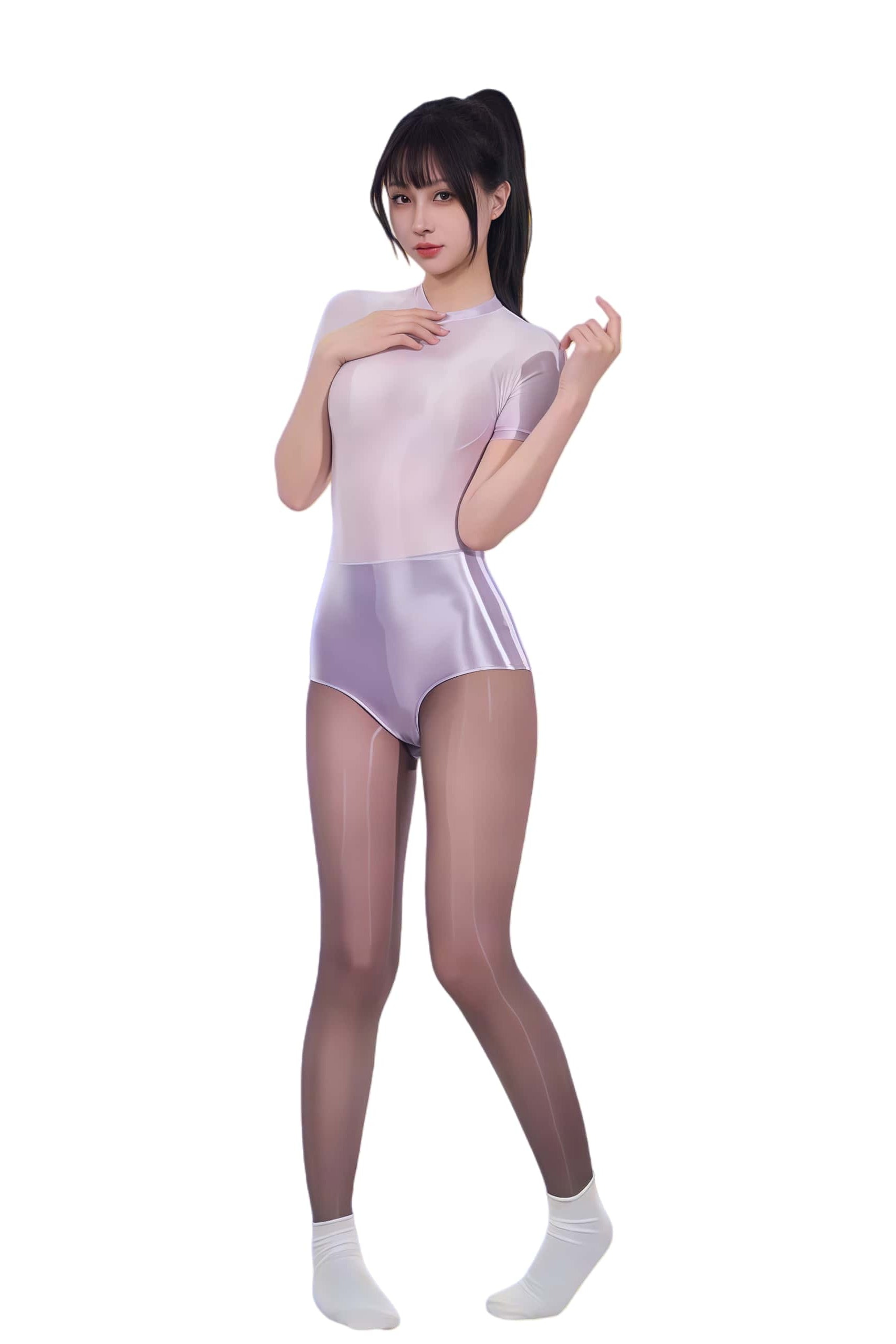 Person wearing a light purple bodysuit on a white background