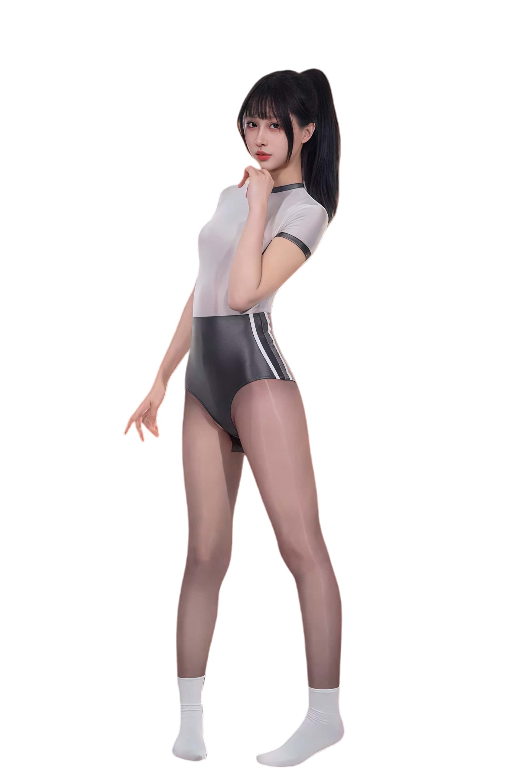 Woman wearing a gray and black bodysuit on a white background