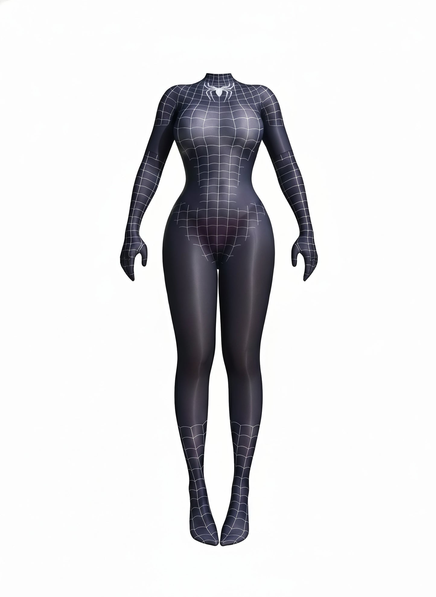 Black spider-patterned bodysuit on a white background