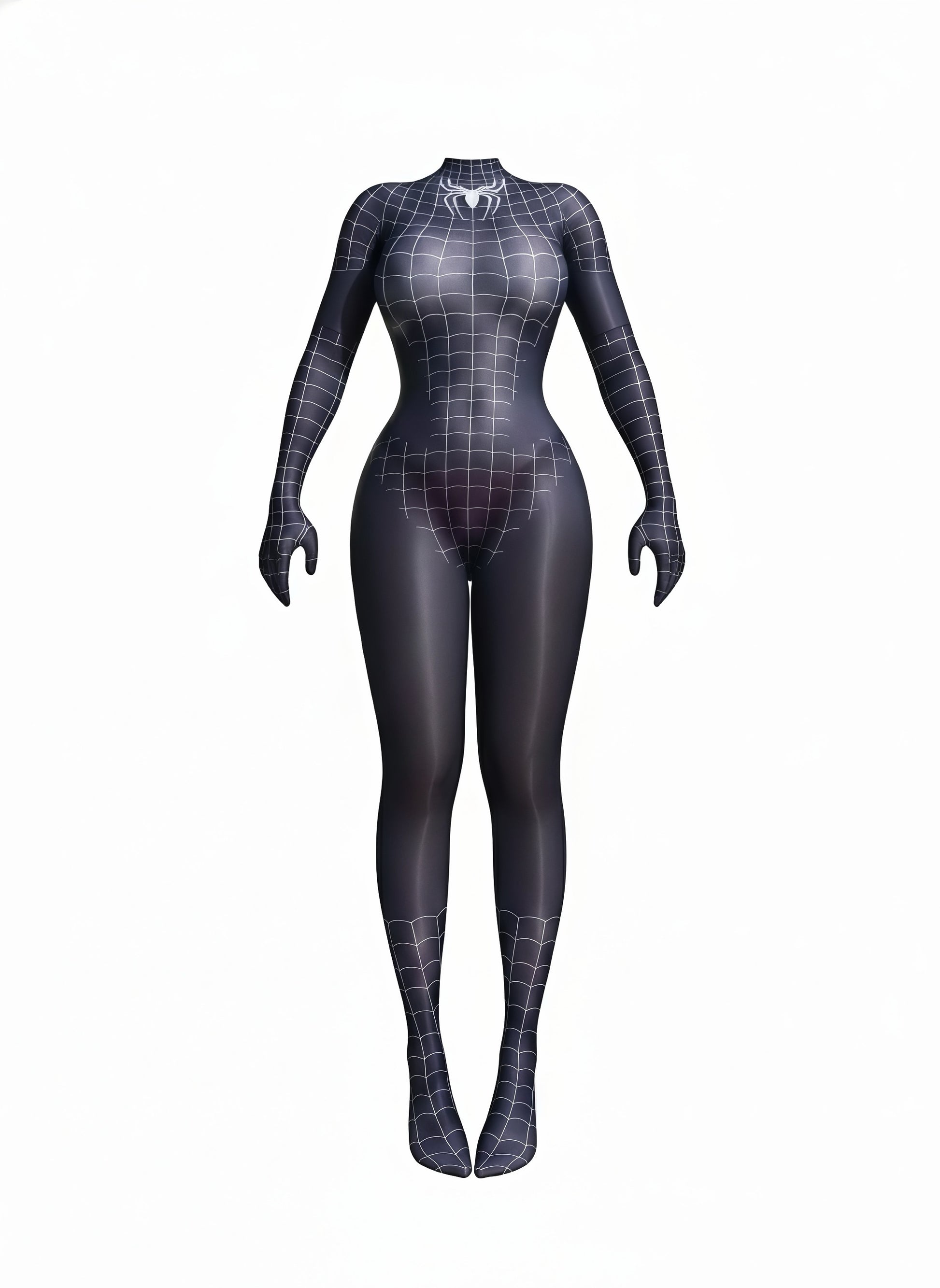 Black spider-patterned bodysuit on a white background