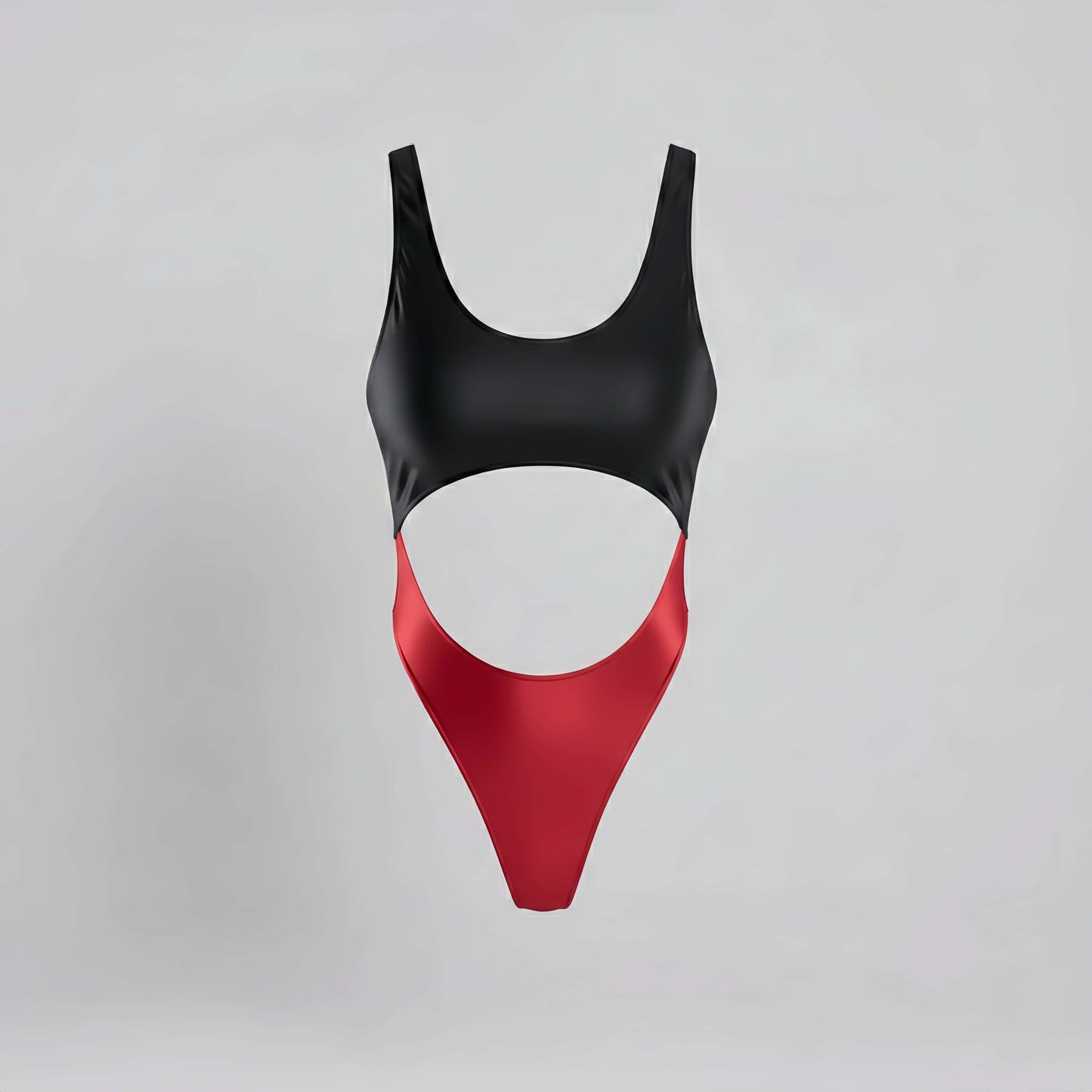 Black and red swimsuit on a light gray background