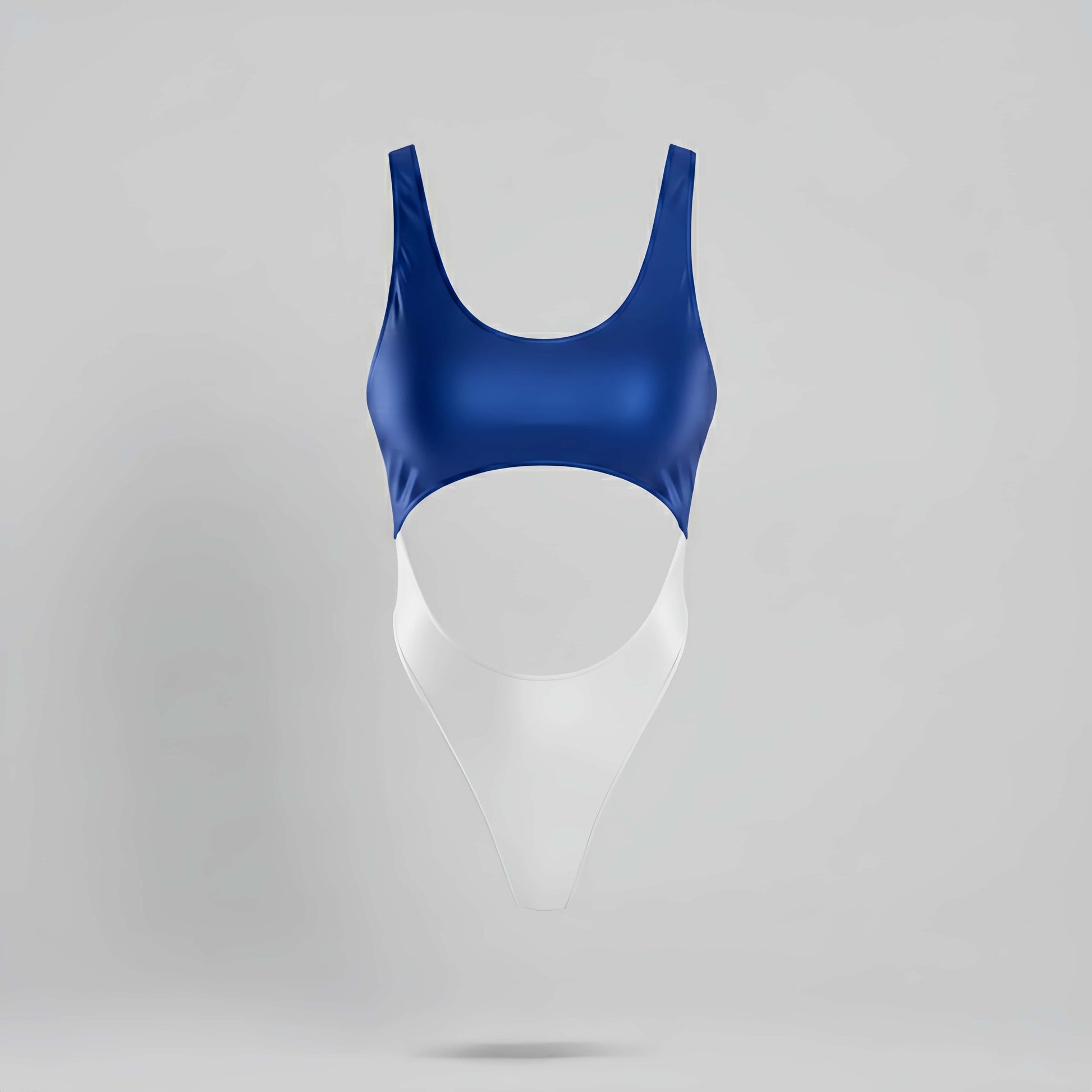 Blue swimsuit top on a gray background