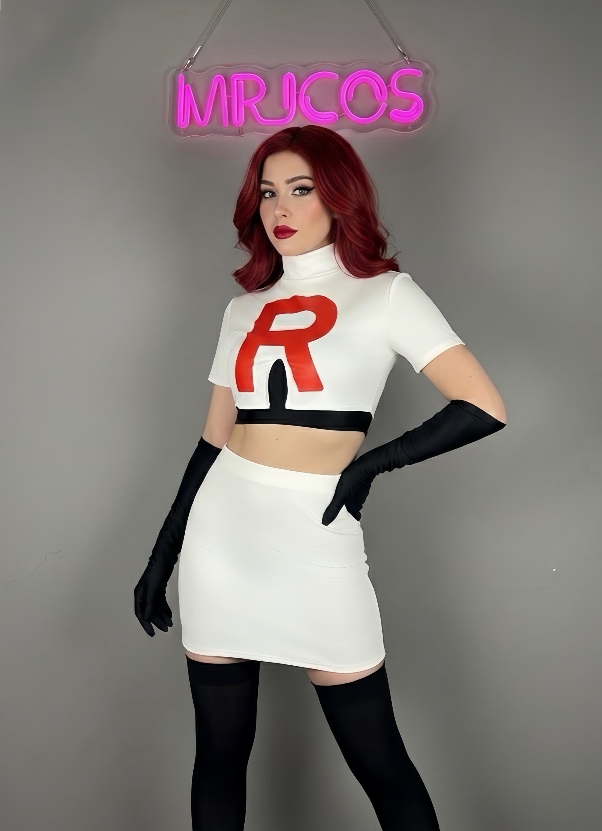 Anime Team Rocket Spandex Leather Cosplay Costume Set with Gloves and Skirt