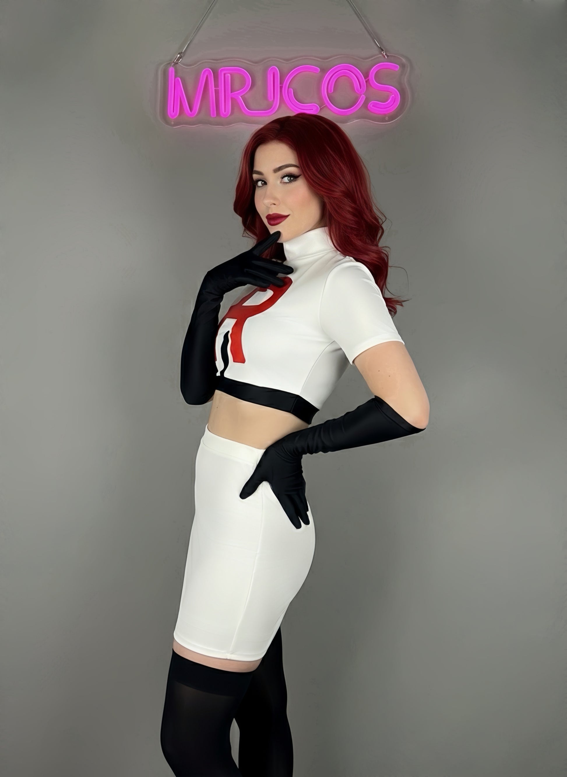 Anime Team Rocket Spandex Leather Cosplay Costume Set with Gloves and Skirt
