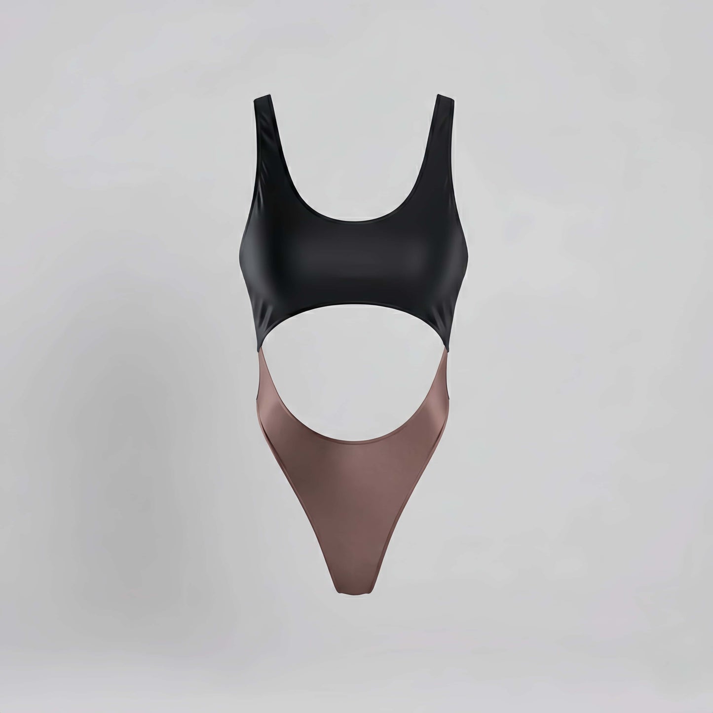 Black and brown swimsuit on a light gray background