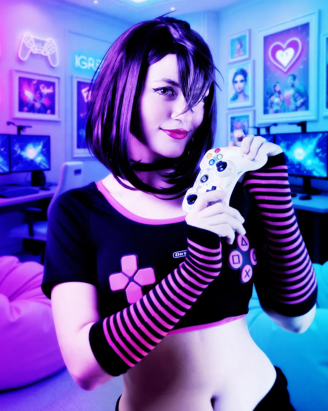 Woman holding a gaming controller in a room with gaming setup and decor