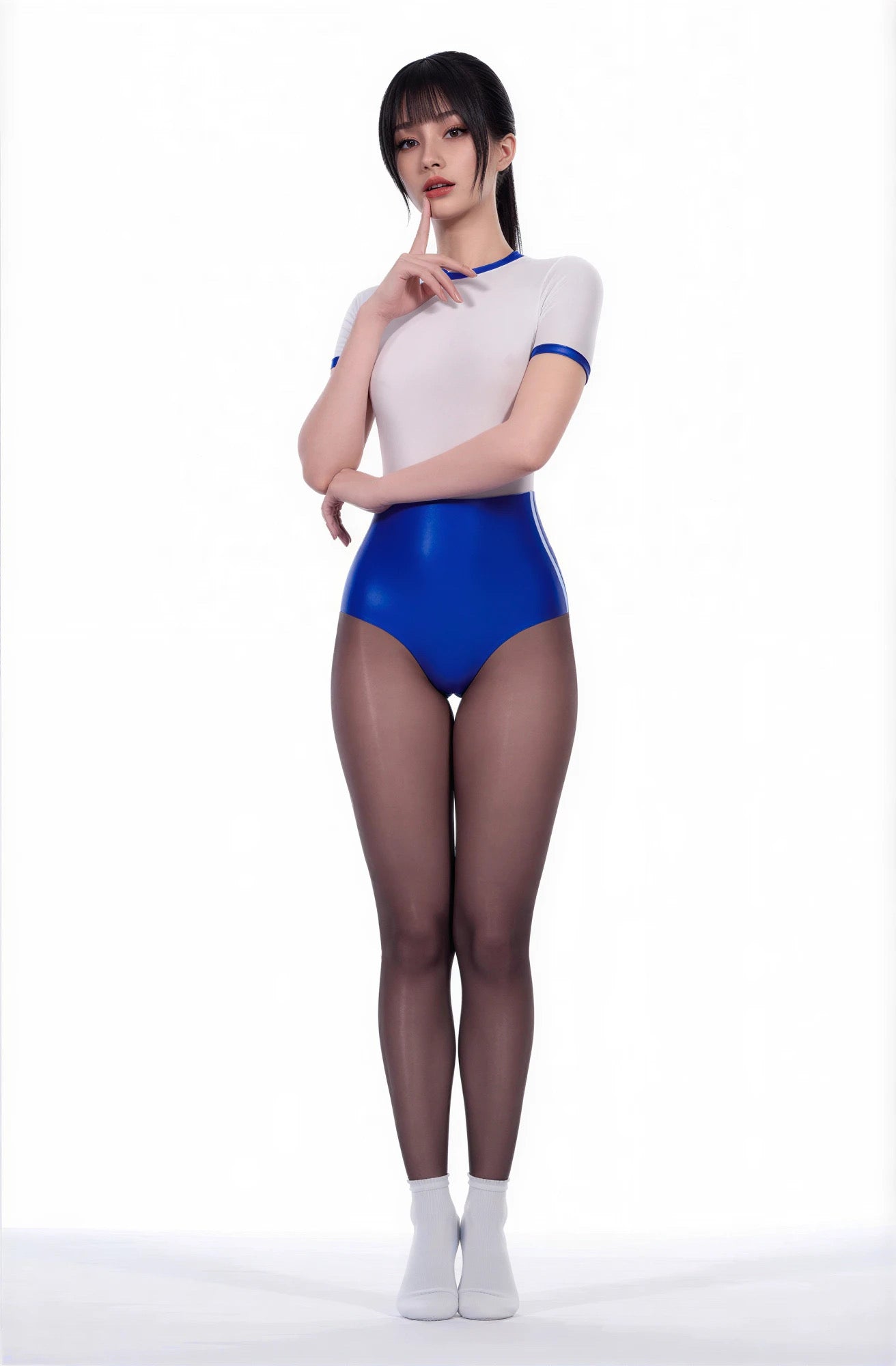 Person wearing a white and blue outfit with sheer black stockings on a white background