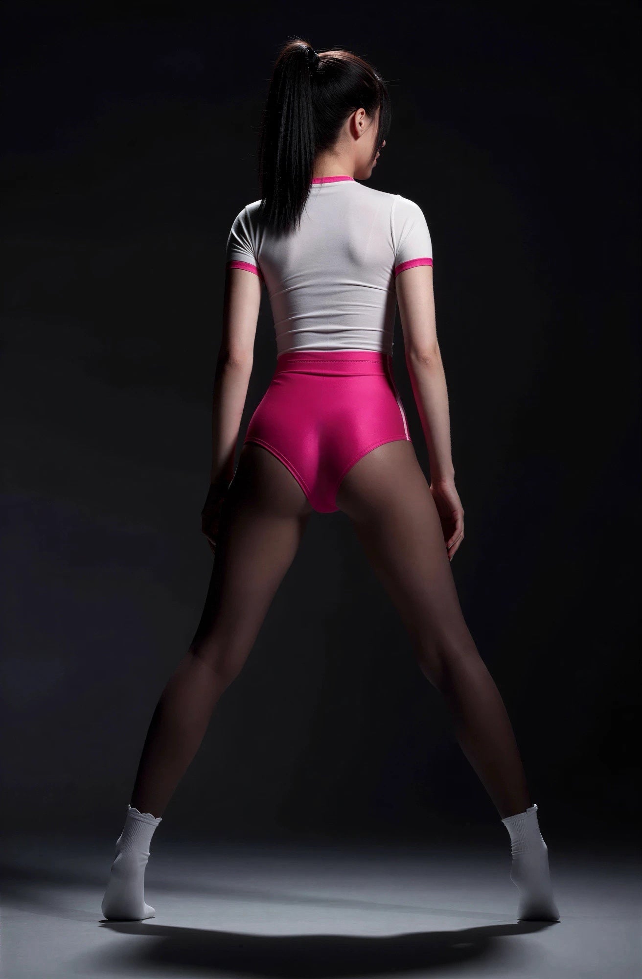 Person wearing a white and pink athletic outfit on a dark background