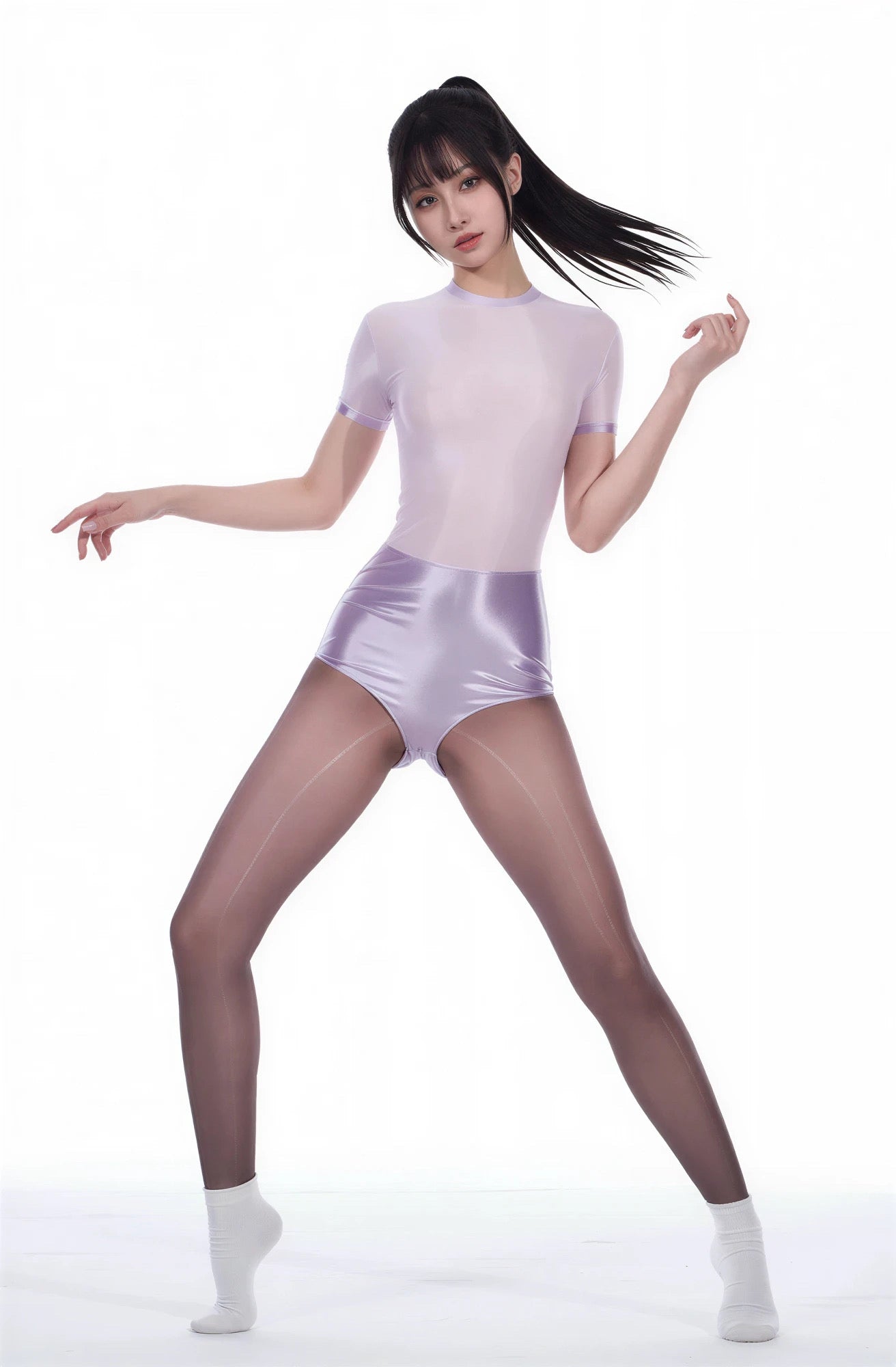 Person wearing a light purple leotard and shorts on a white background