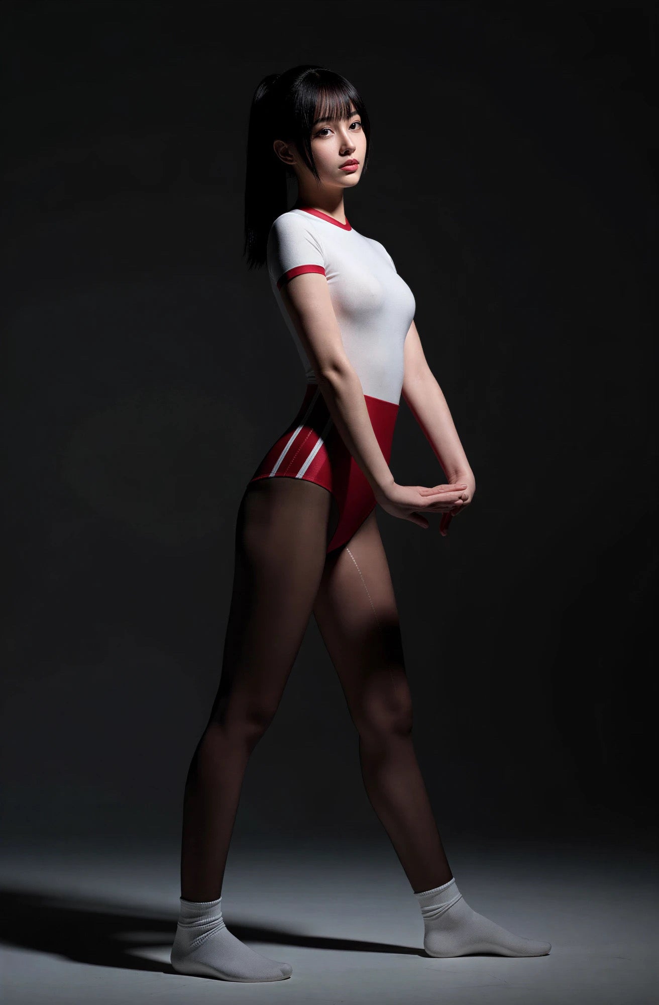 Person wearing a white and red outfit on a dark background