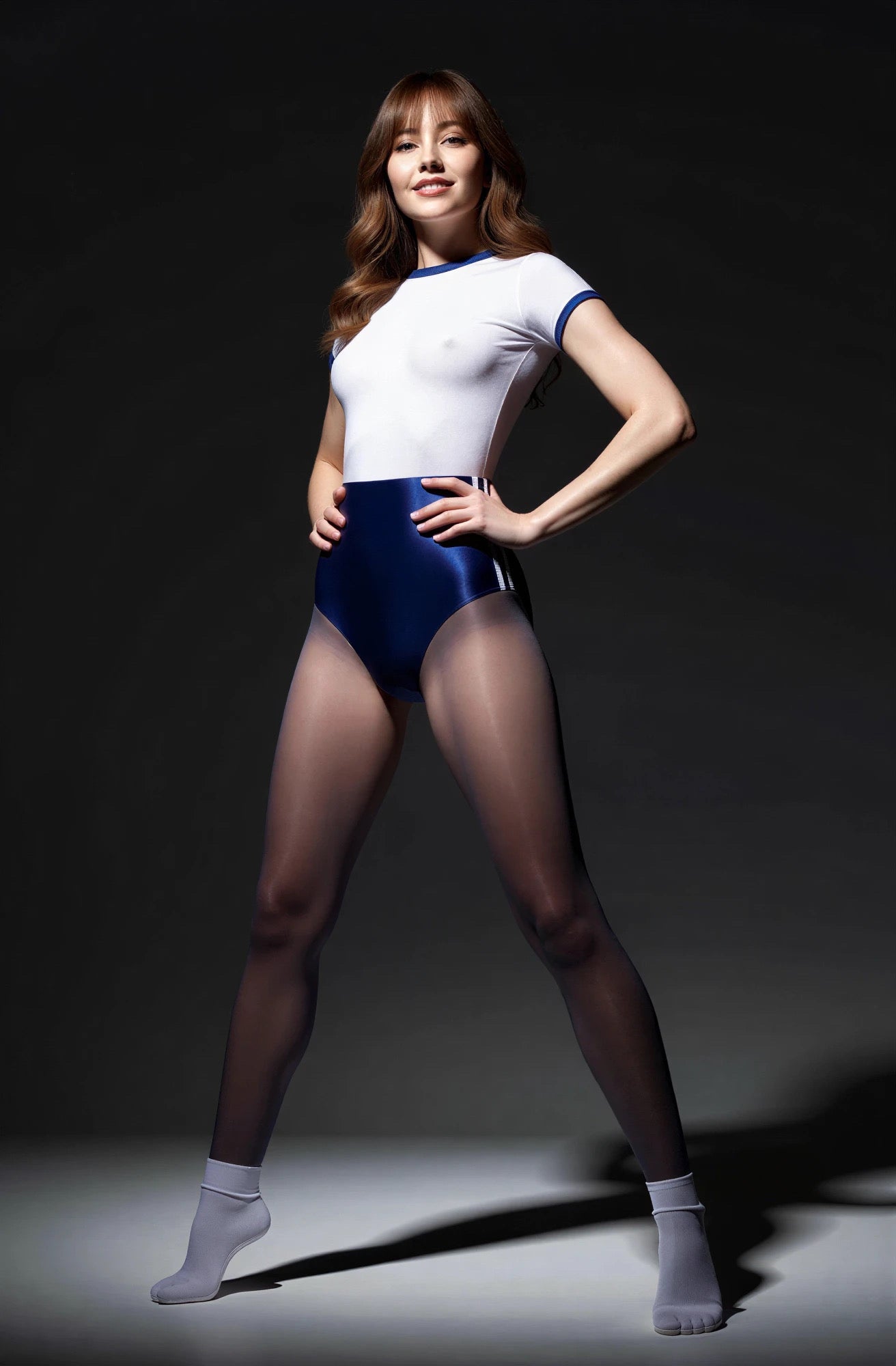 Woman wearing a white and blue leotard on a dark background