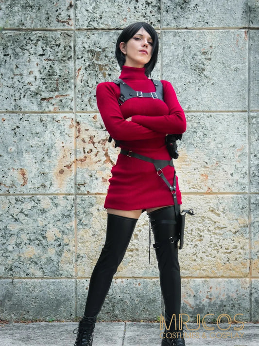 Ada Tactical Chic Ribbed Knit Sweater Dress Set - 5-Piece Cosplay & Streetwear Outfit