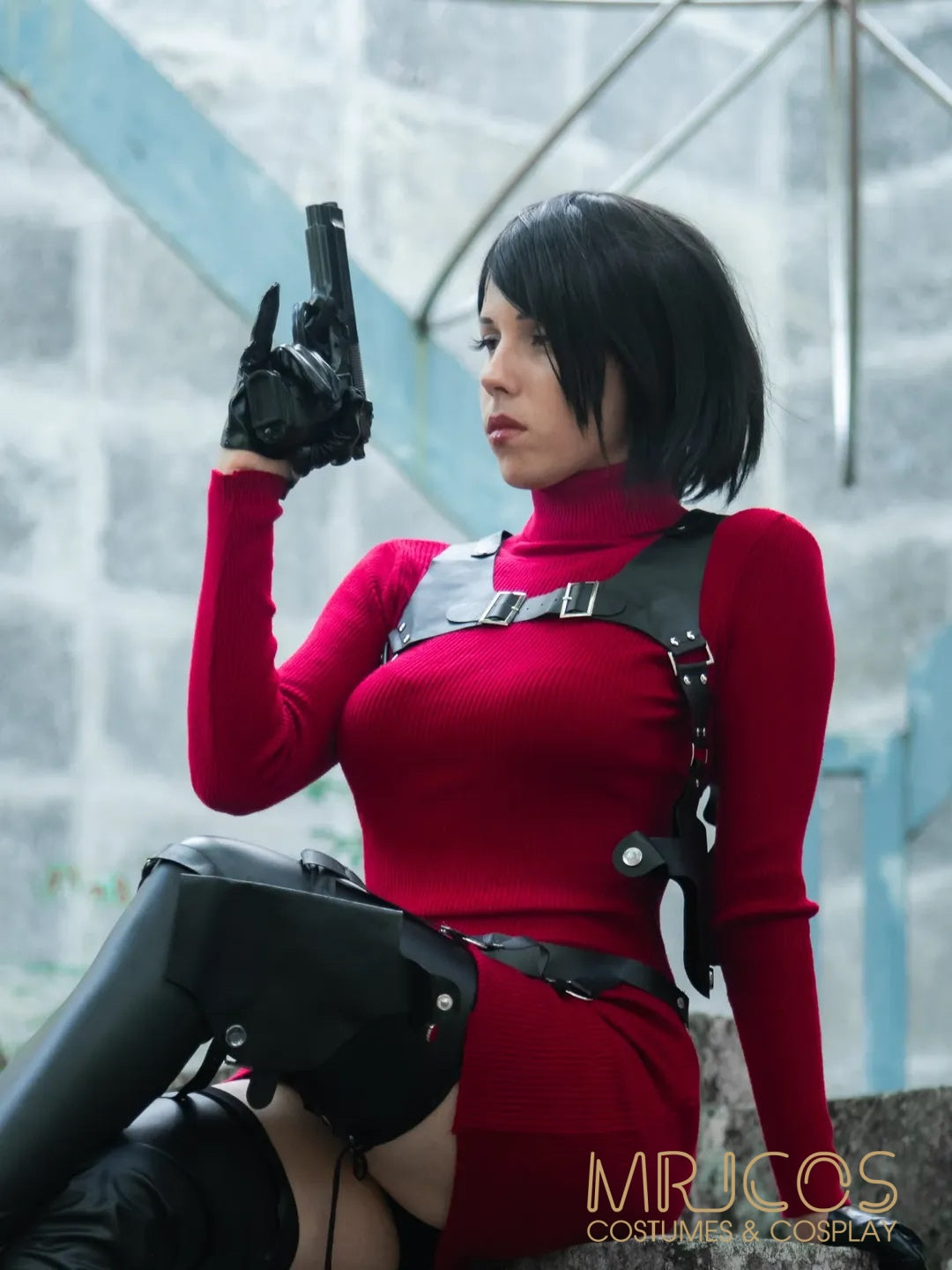 Ada Tactical Chic Ribbed Knit Sweater Dress Set - 5-Piece Cosplay & Streetwear Outfit