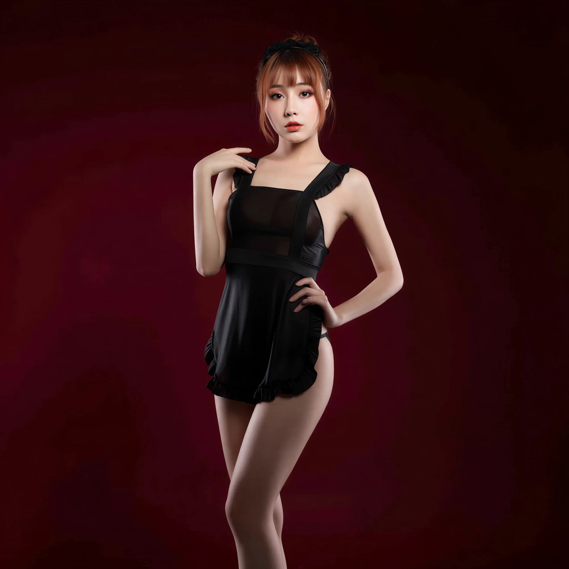 The "Pure Temptation" Ruffled Apron Maid Lingerie Set with Stockings