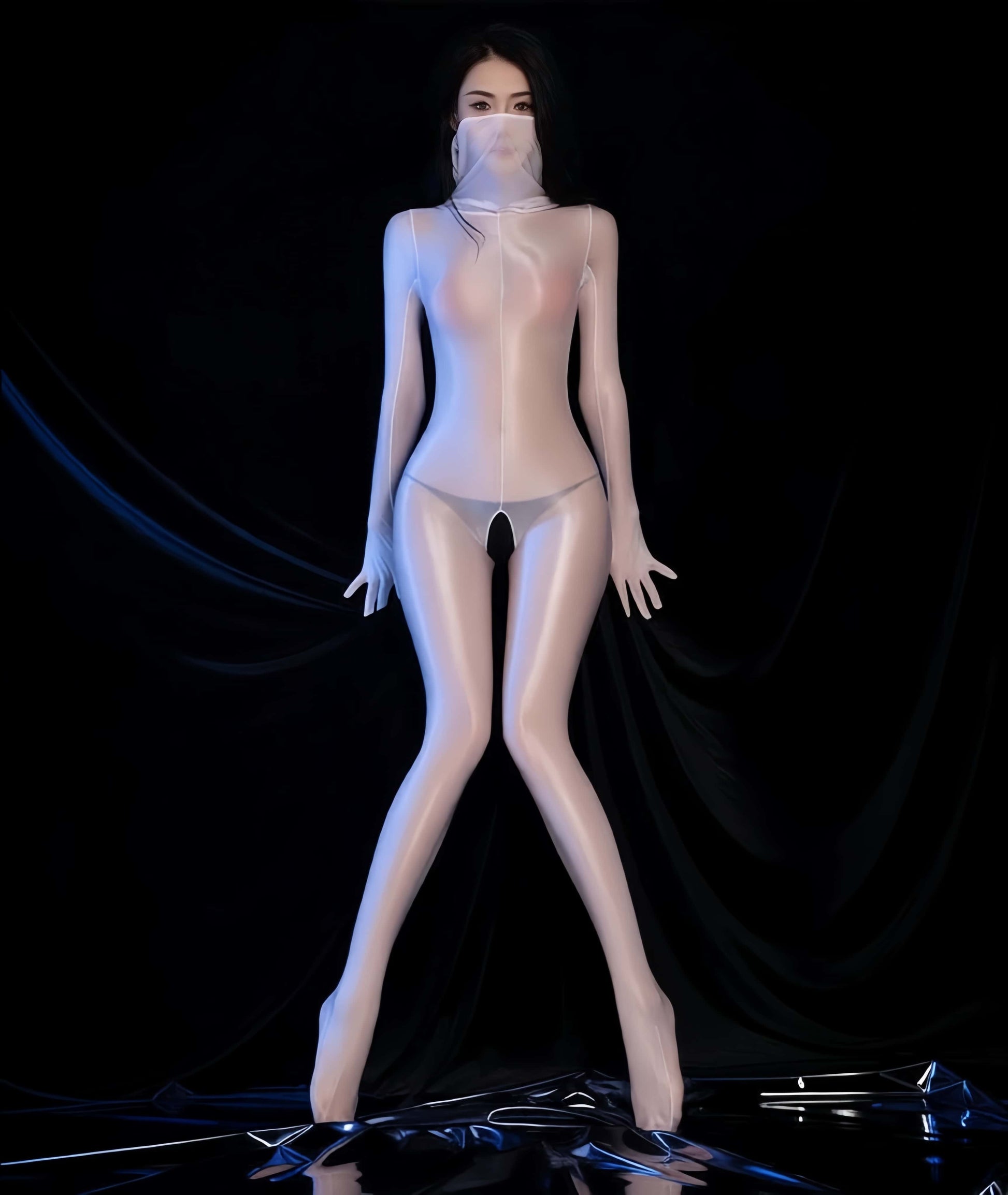 Glossy Full-Body Zentai Suit – High-Stretch Mock Neck Bodystocking