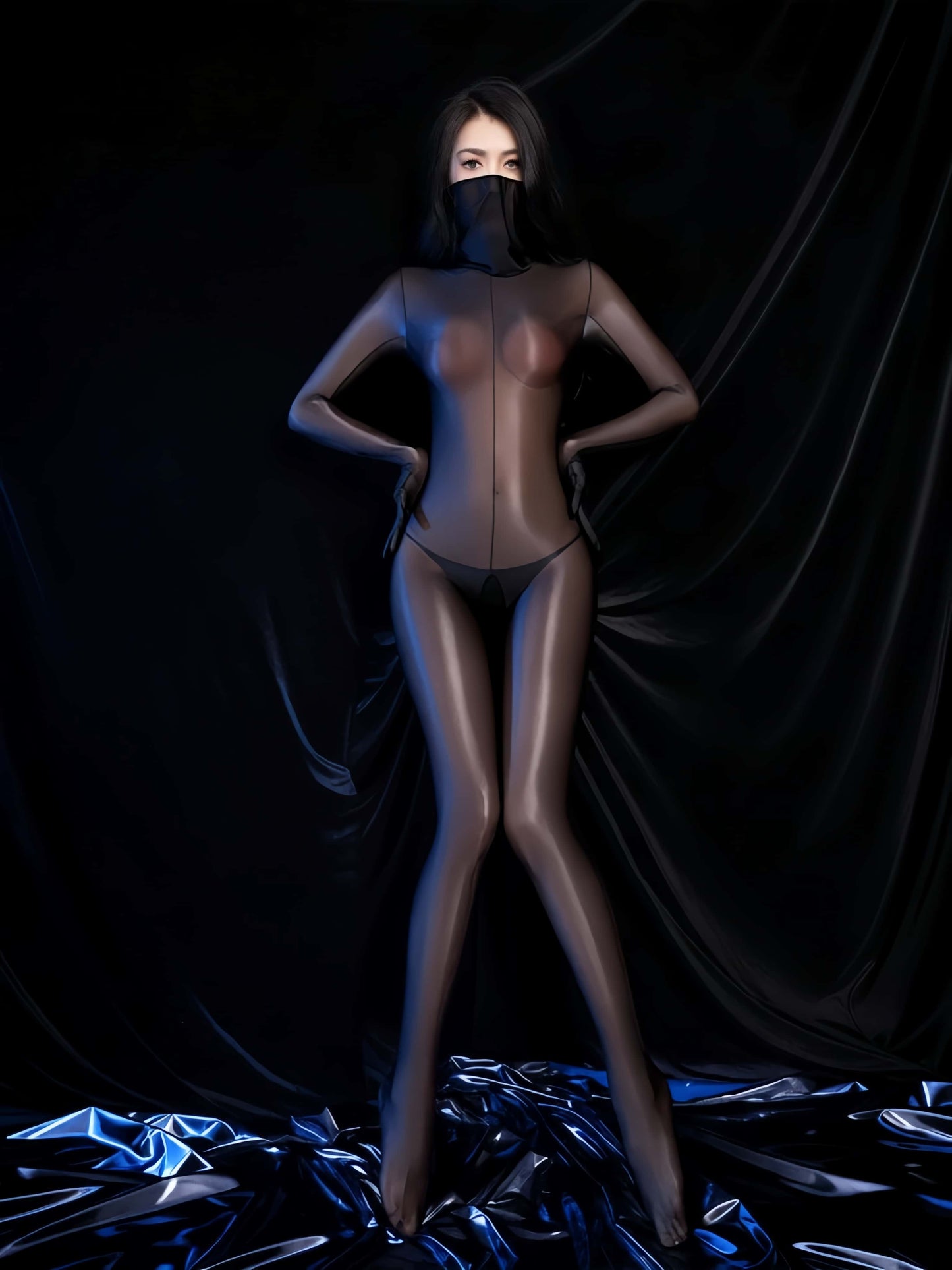 Glossy Full-Body Zentai Suit – High-Stretch Mock Neck Bodystocking