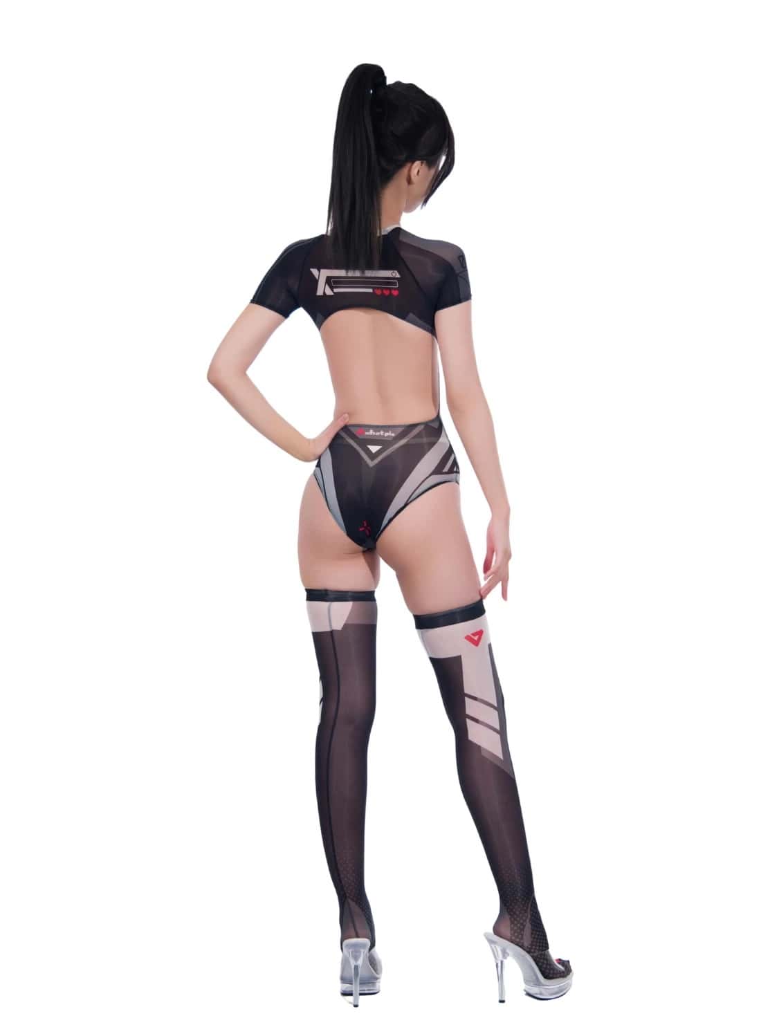 Cyber-Tech Sheer Bodysuit & Matching Thigh-High Stockings Set