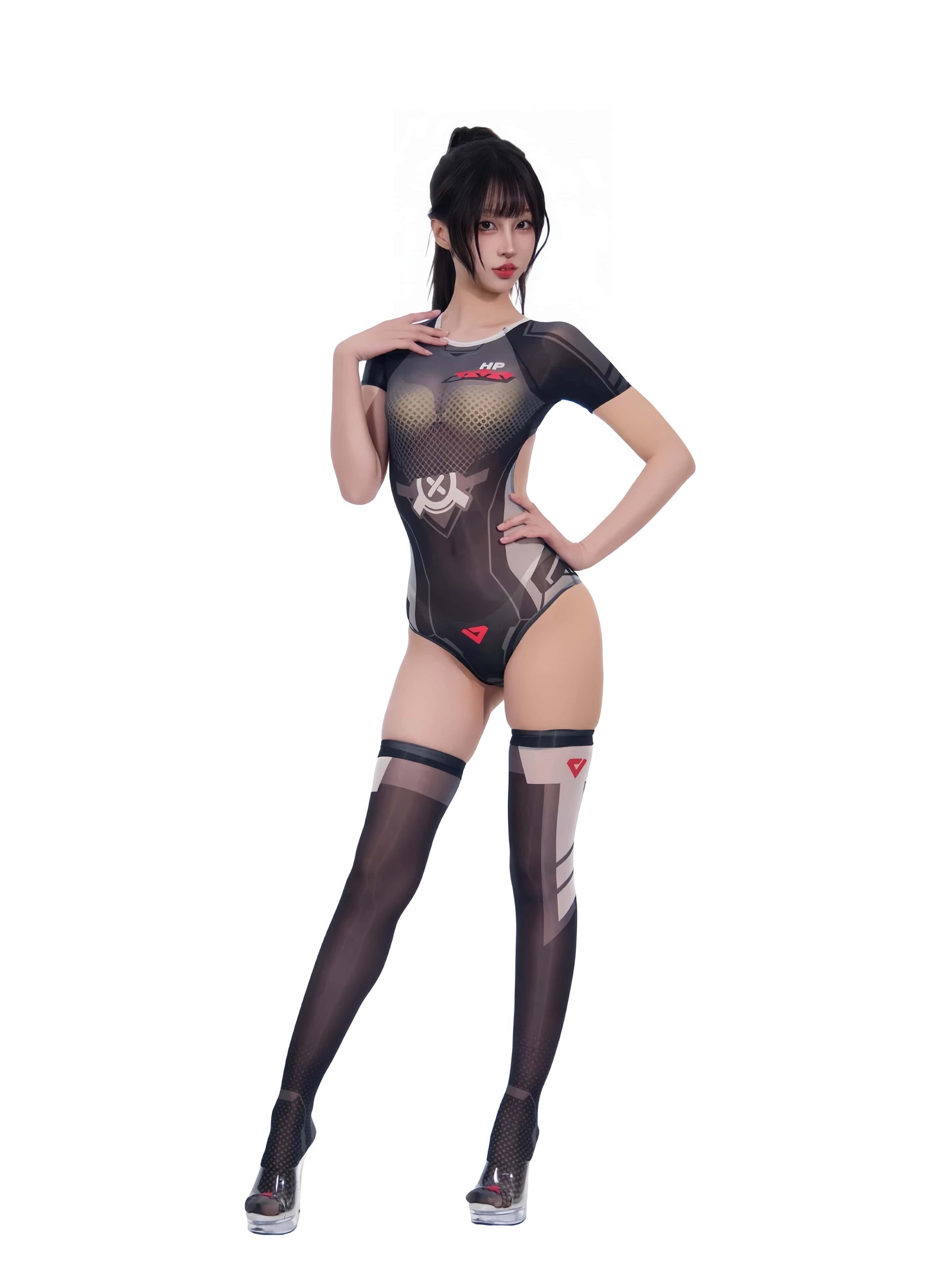 Cyber-Tech Sheer Bodysuit & Matching Thigh-High Stockings Set