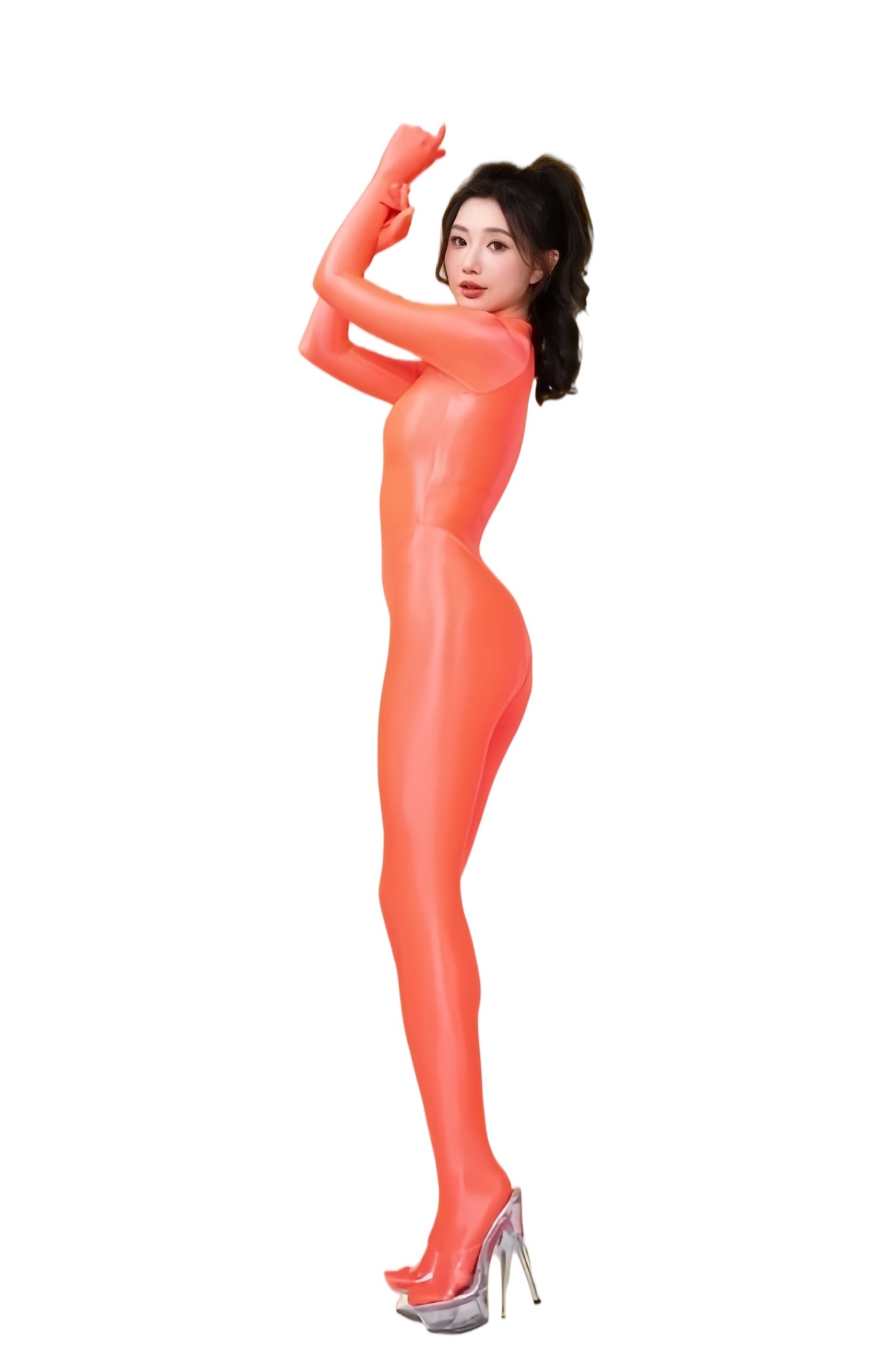 Person wearing a bright orange bodysuit on a white background