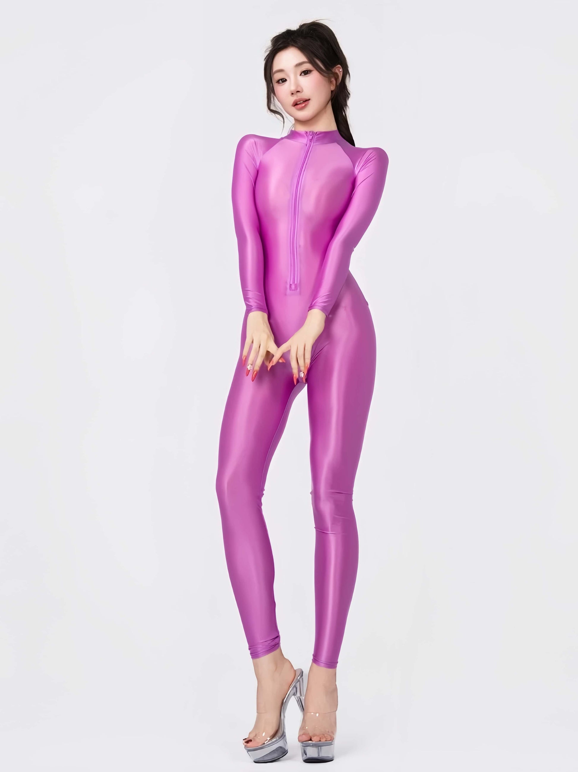 Premium High-Gloss Spandex Zentai Performance Suit – Footless with Crotch Zipper