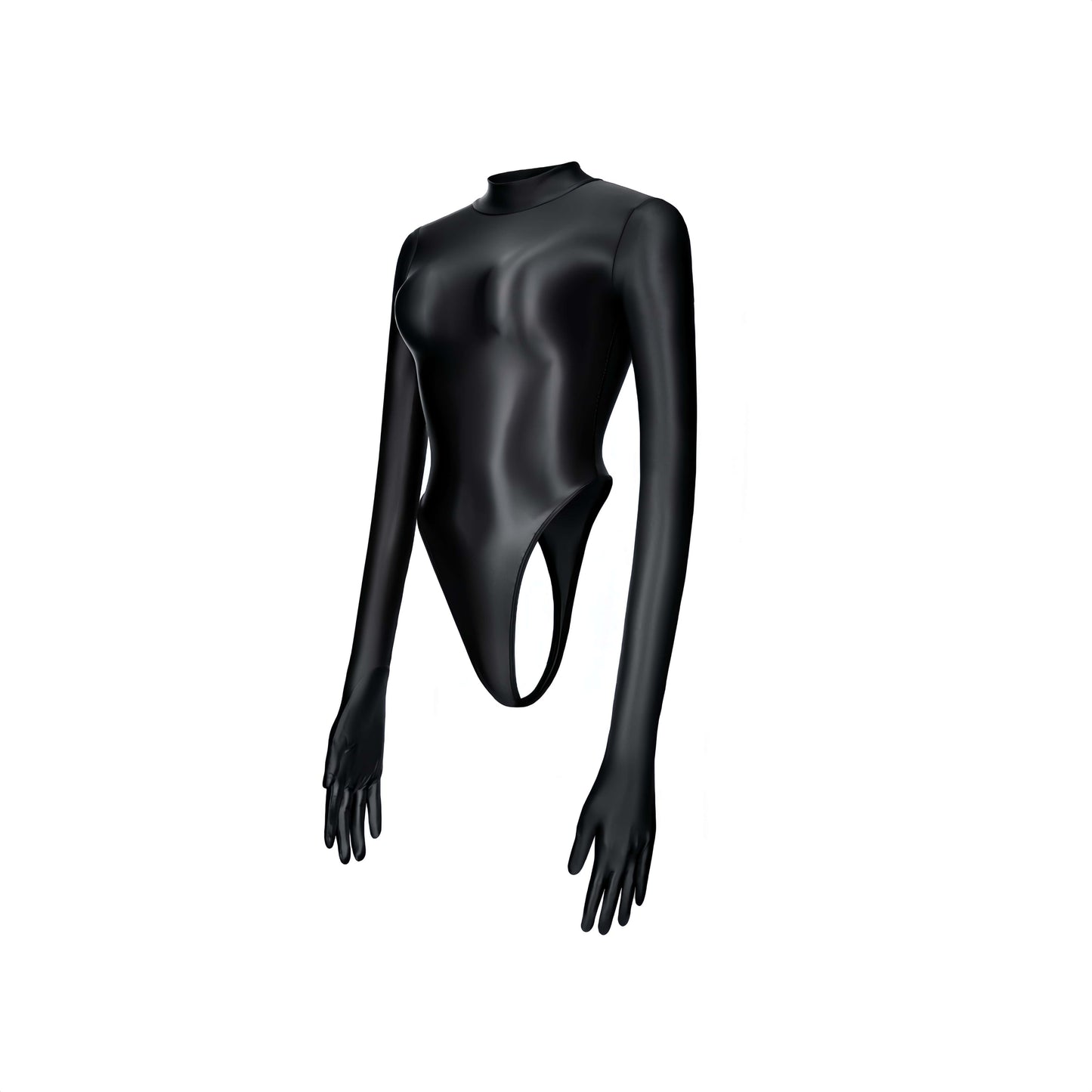 High-Cut Glossy Spandex Bodysuit with Attached Gloves