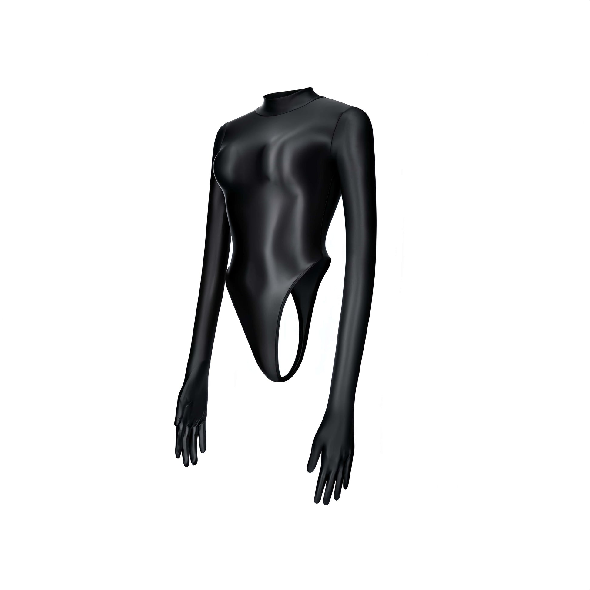 High-Cut Glossy Spandex Bodysuit with Attached Gloves