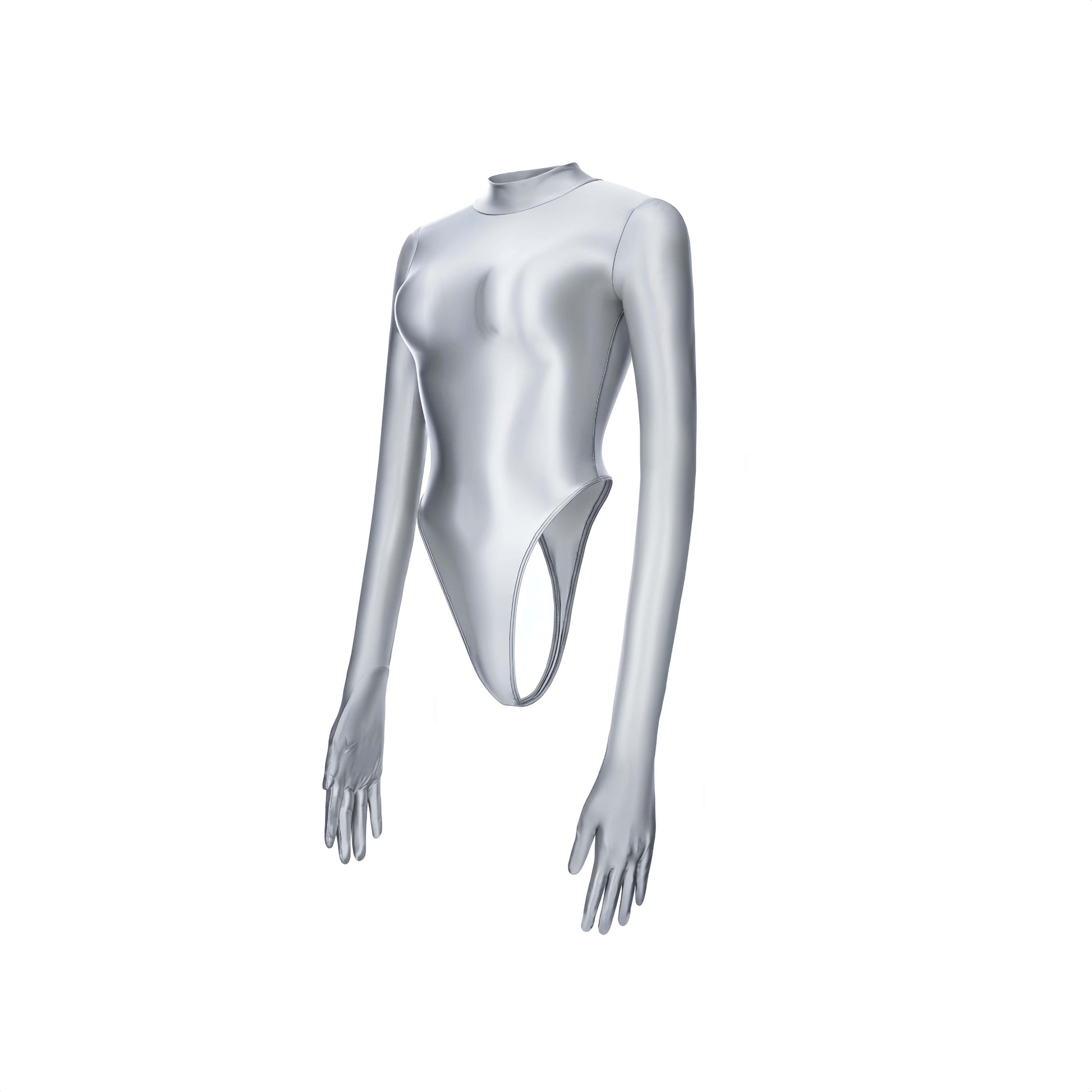 High-Cut Glossy Spandex Bodysuit with Attached Gloves