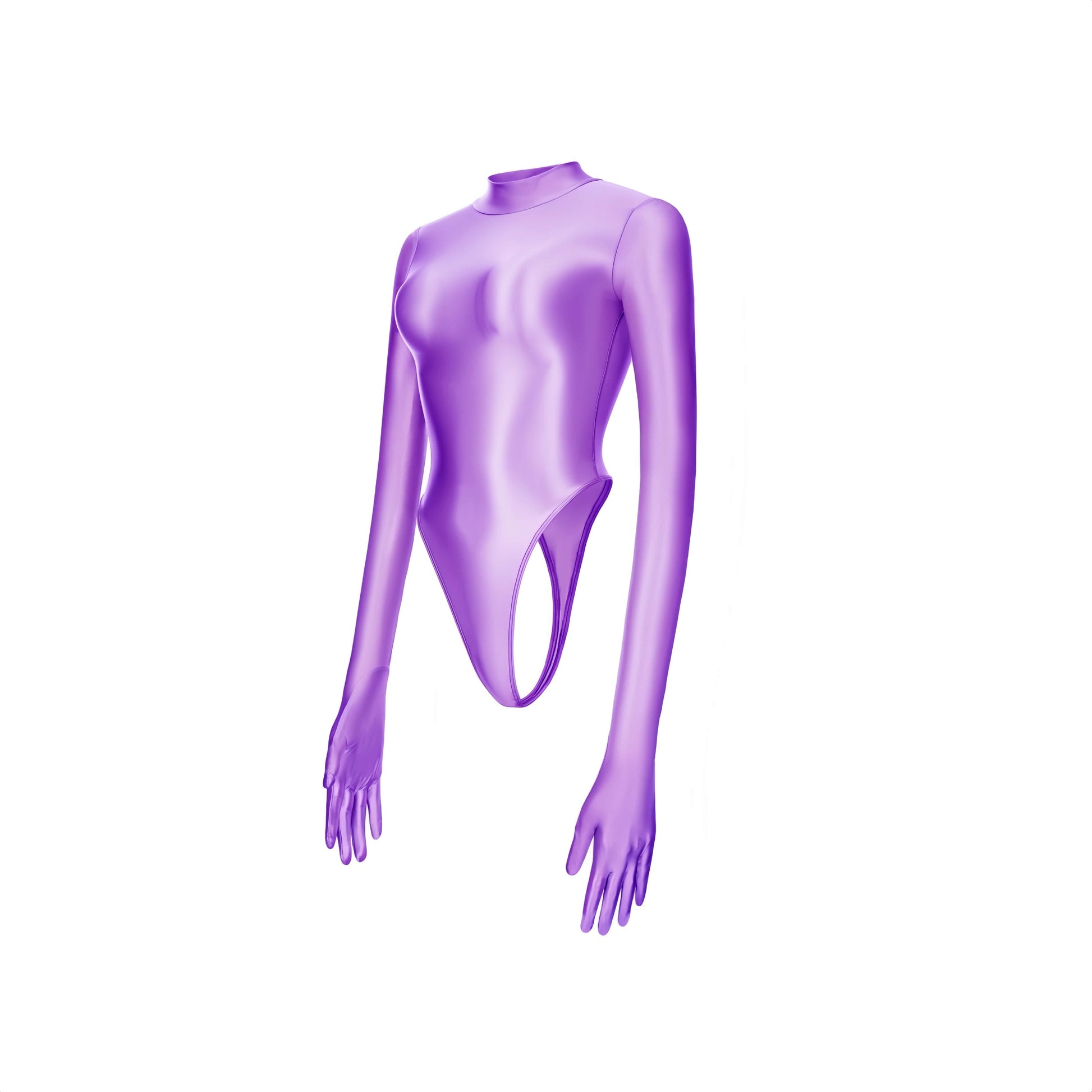 High-Cut Glossy Spandex Bodysuit with Attached Gloves