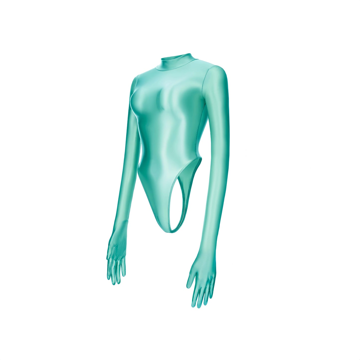 High-Cut Glossy Spandex Bodysuit with Attached Gloves