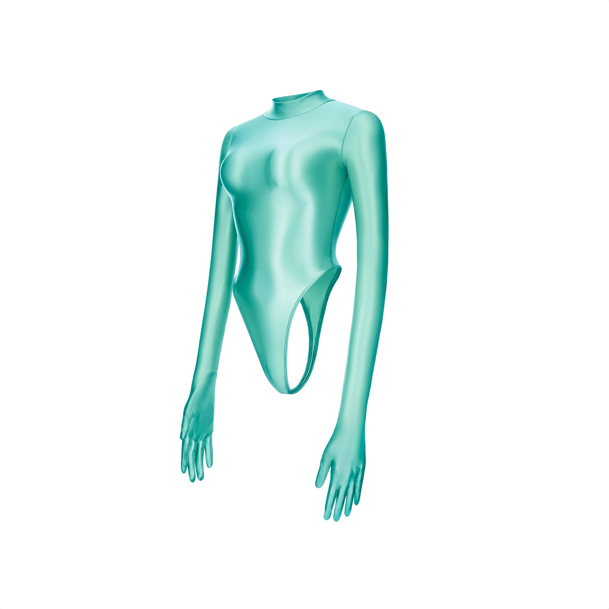 High-Cut Glossy Spandex Bodysuit with Attached Gloves
