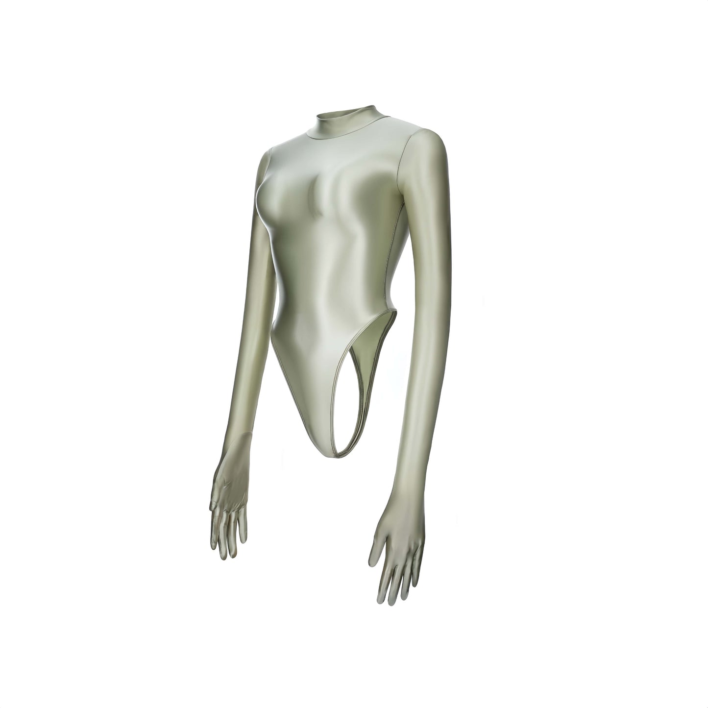 High-Cut Glossy Spandex Bodysuit with Attached Gloves