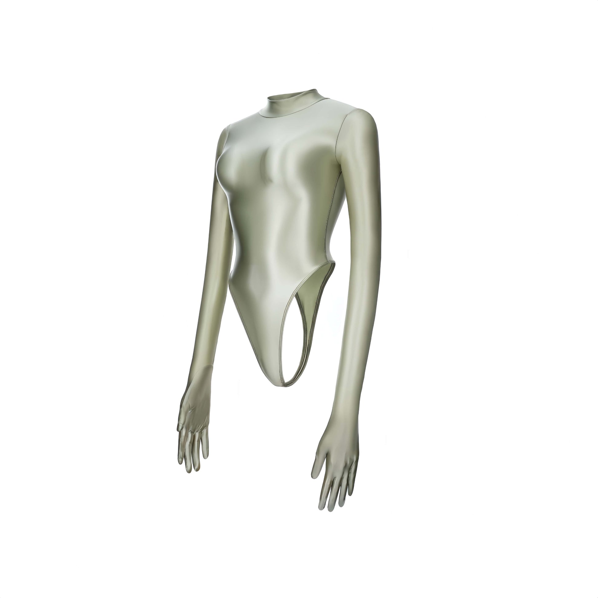 High-Cut Glossy Spandex Bodysuit with Attached Gloves