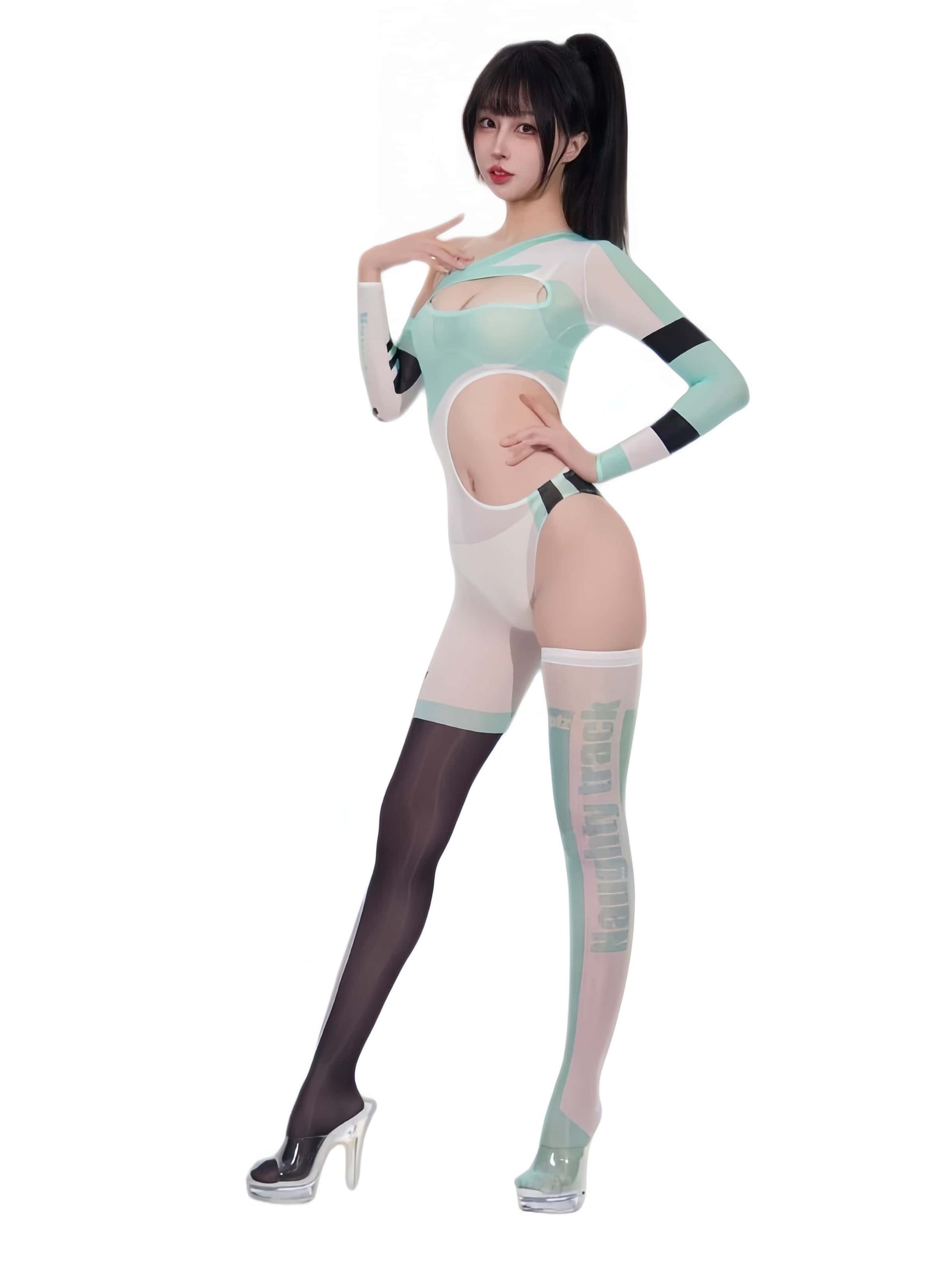 Racing Series Sheer Asymmetric Bodysuit – 10D Nylon Spandex Race Queen Bodystocking