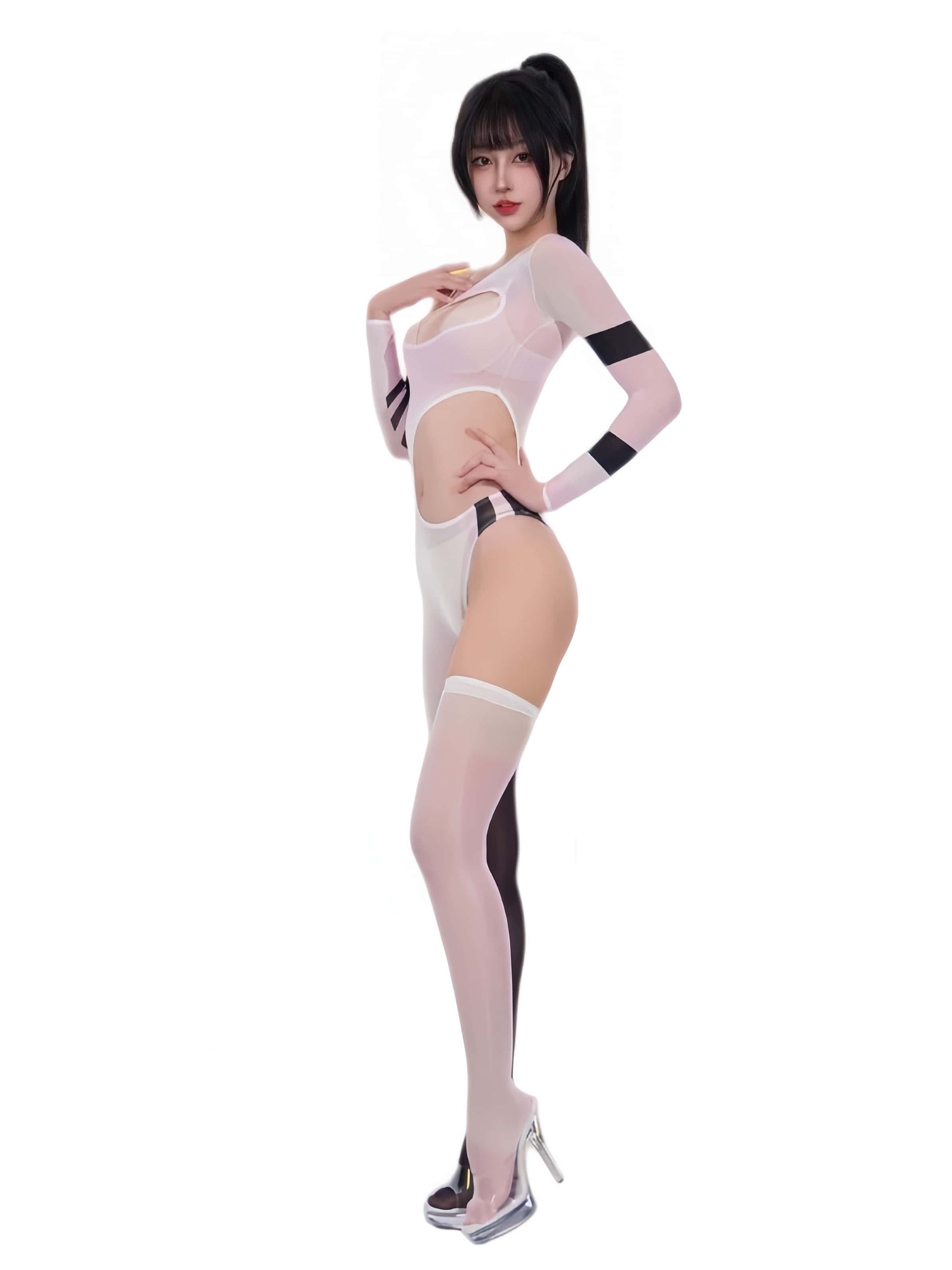 Racing Series Sheer Asymmetric Bodysuit – 10D Nylon Spandex Race Queen Bodystocking