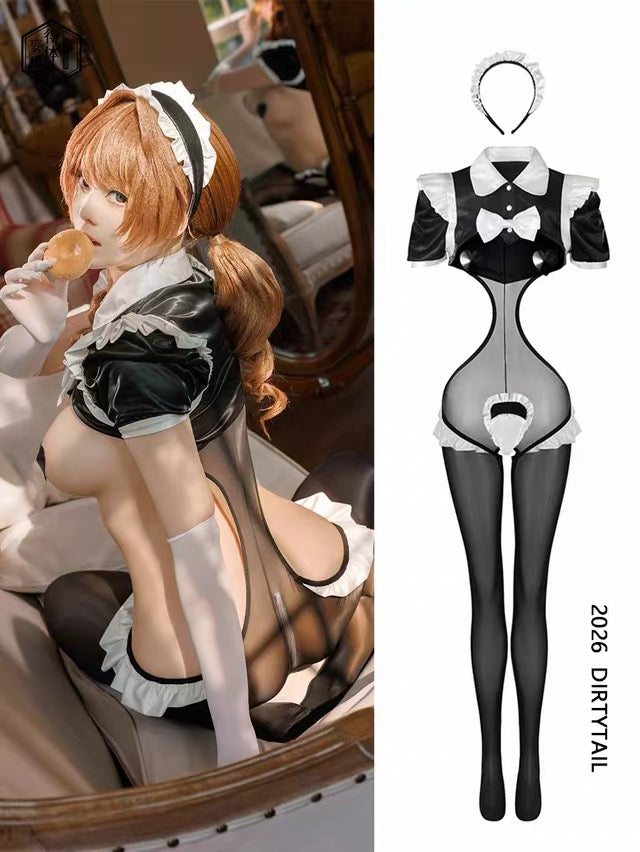 Sensual French Maid Cosplay Lingerie Set - Sheer Bodysuit & Satin PU Leather Crop Top
