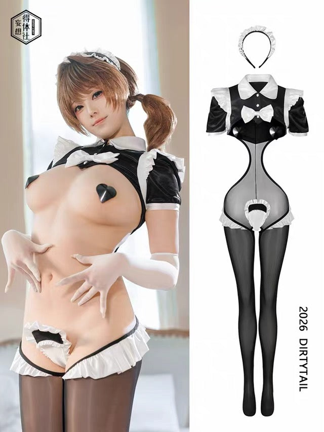 Sensual French Maid Cosplay Lingerie Set - Sheer Bodysuit & Satin PU Leather Crop Top