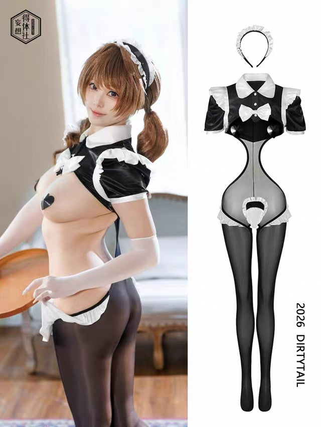 Sensual French Maid Cosplay Lingerie Set - Sheer Bodysuit & Satin PU Leather Crop Top