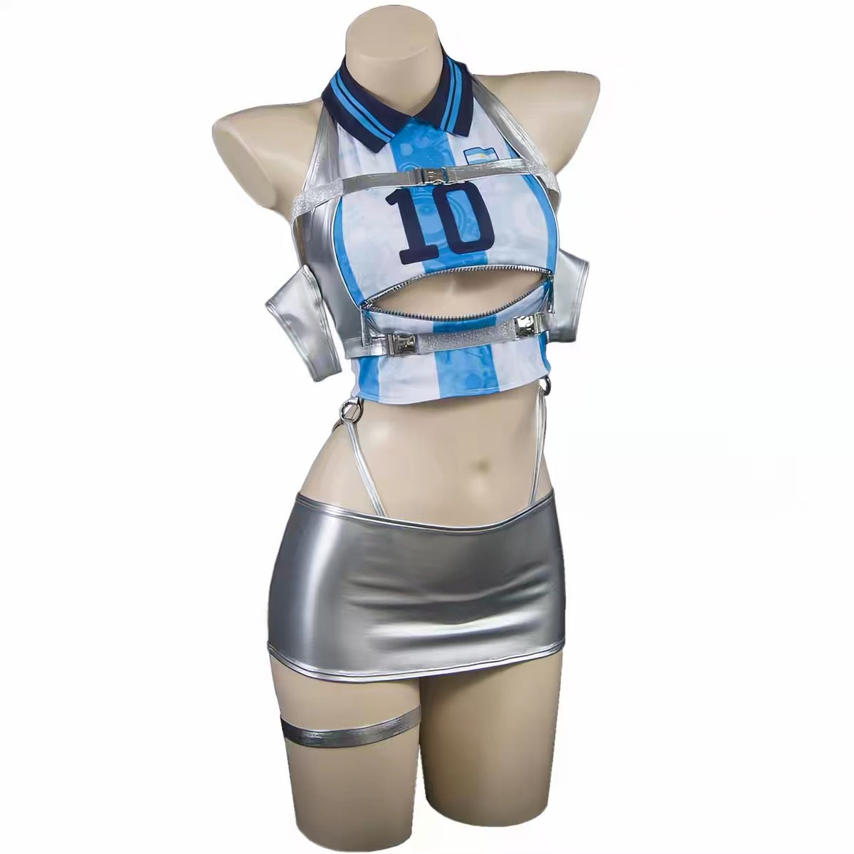 World Cup Soccer Star 3-in-1 Cosplay Set – Metallic PU Leather Clubwear & Rave Outfit