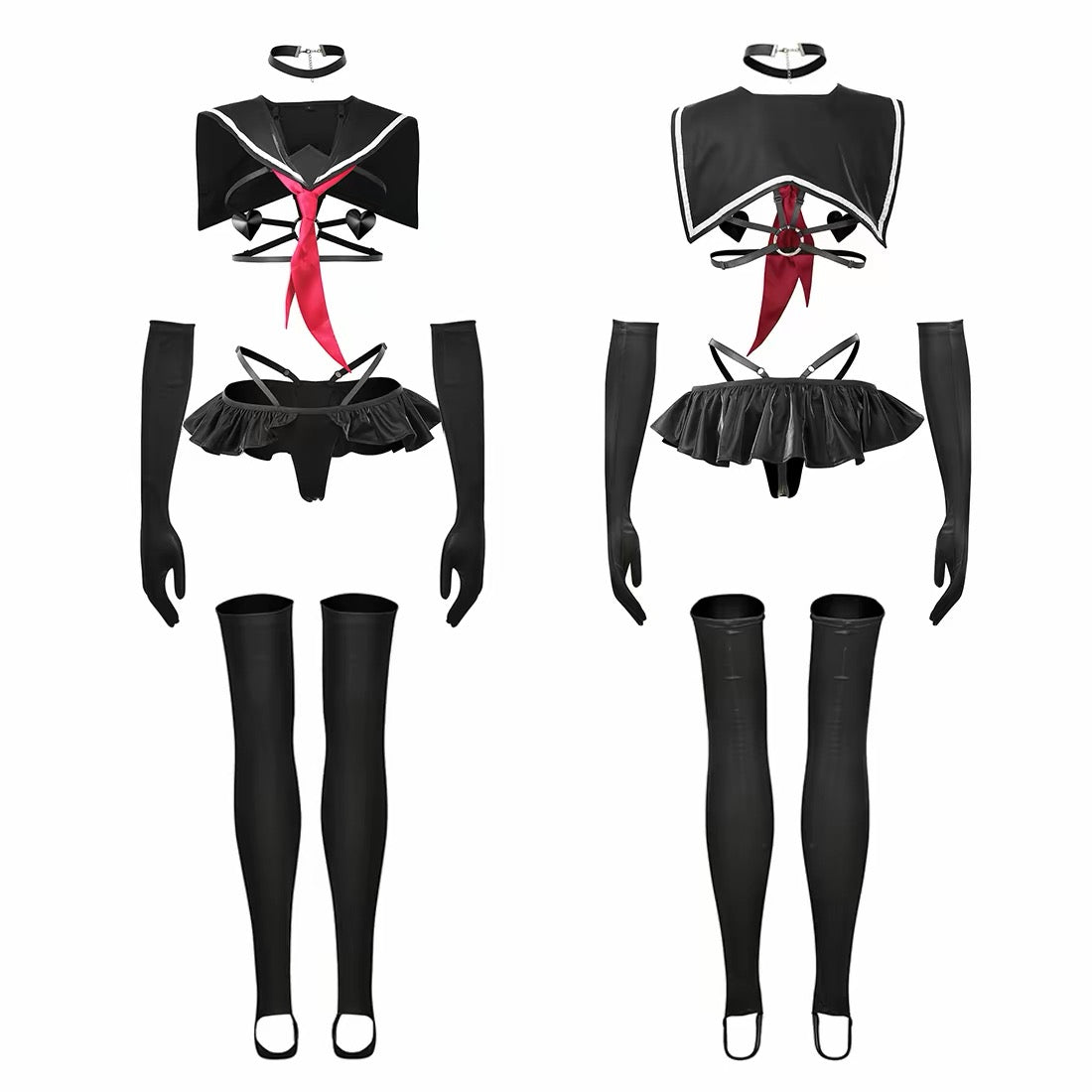 Gothic Dark PU Leather JK Uniform Lingerie Set with Sailor Collar & Thigh-Highs